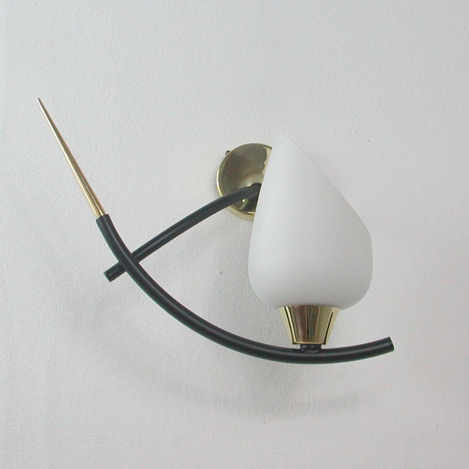 Mid-20th Century Midcentury French Brass & Opaline Glass Sconces by Maison Arlus, 1950s For Sale
