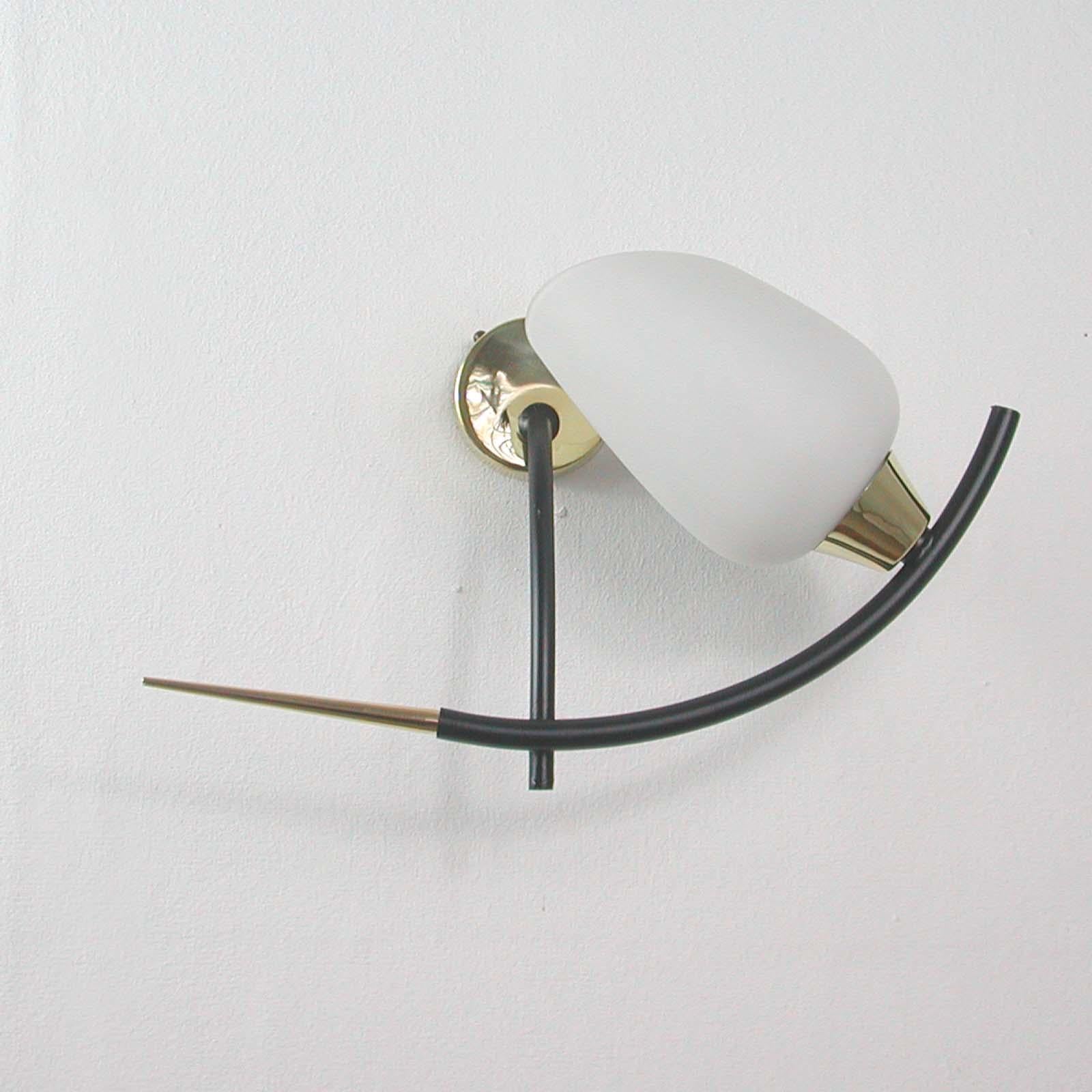 Metal Midcentury French Brass & Opaline Glass Sconces by Maison Arlus, 1950s For Sale
