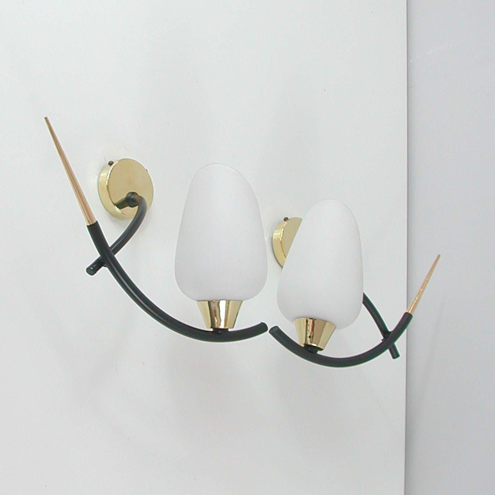 Midcentury French Brass & Opaline Glass Sconces by Maison Arlus, 1950s 4