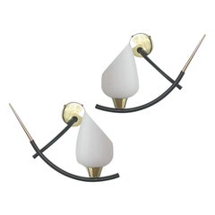 Midcentury French Brass & Opaline Glass Sconces by Maison Arlus, 1950s