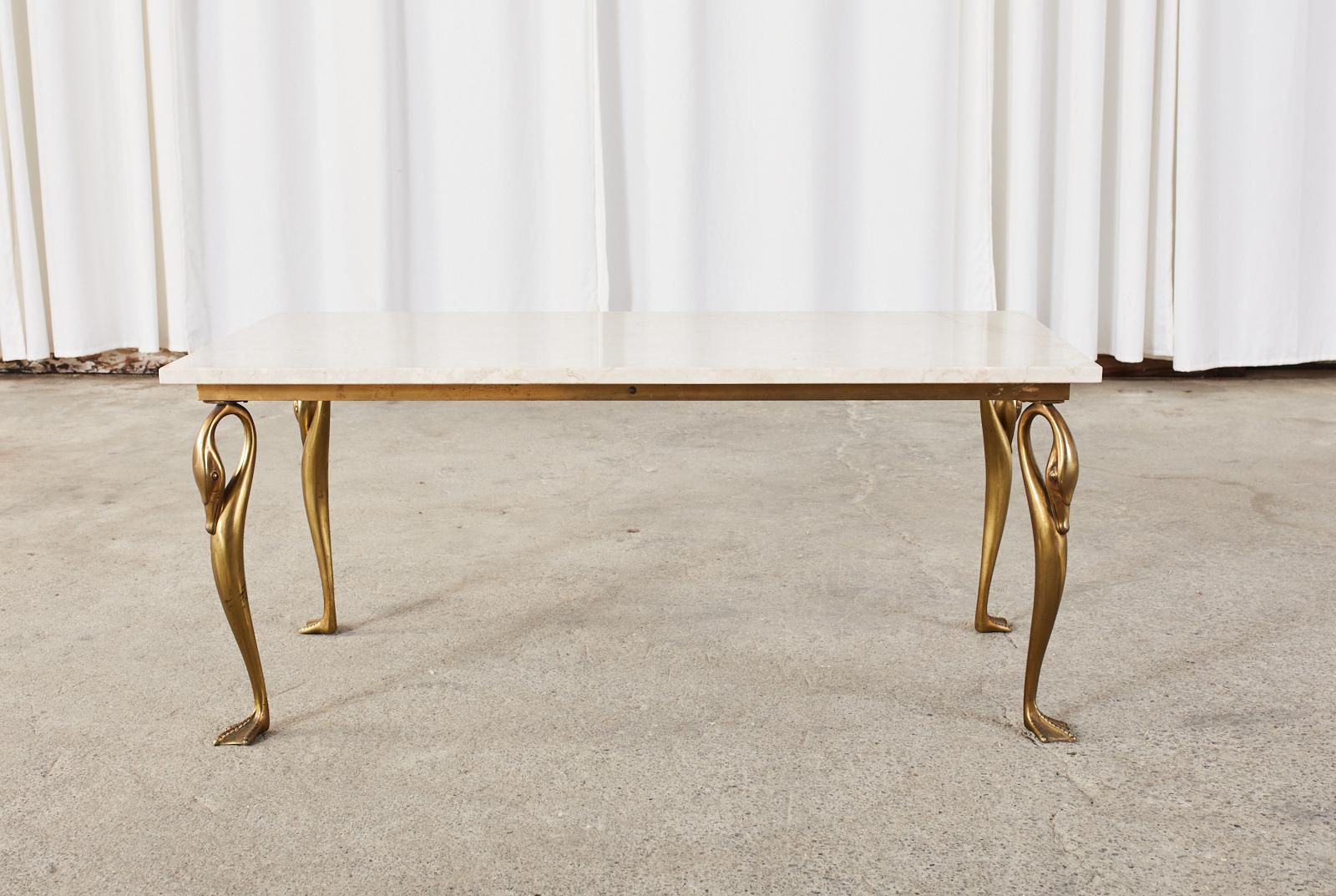 Midcentury French Brass Swan Marble Top Cocktail Table 7