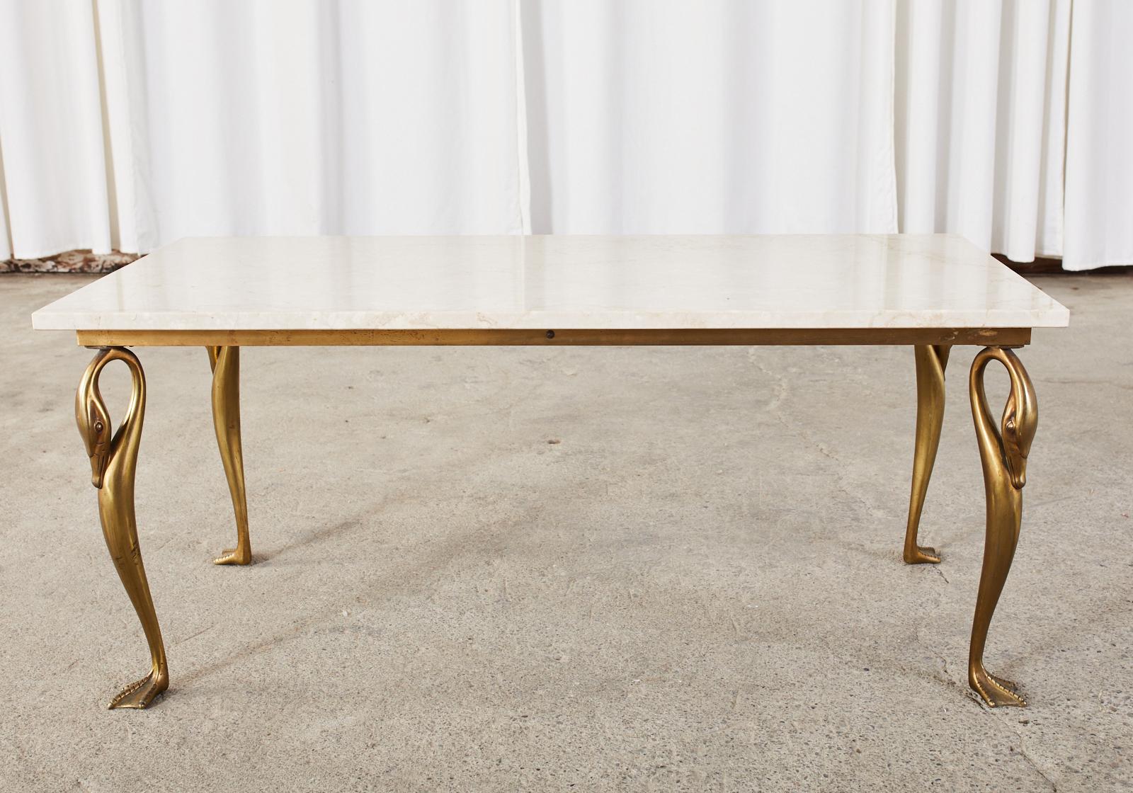 Polished Midcentury French Brass Swan Marble Top Cocktail Table