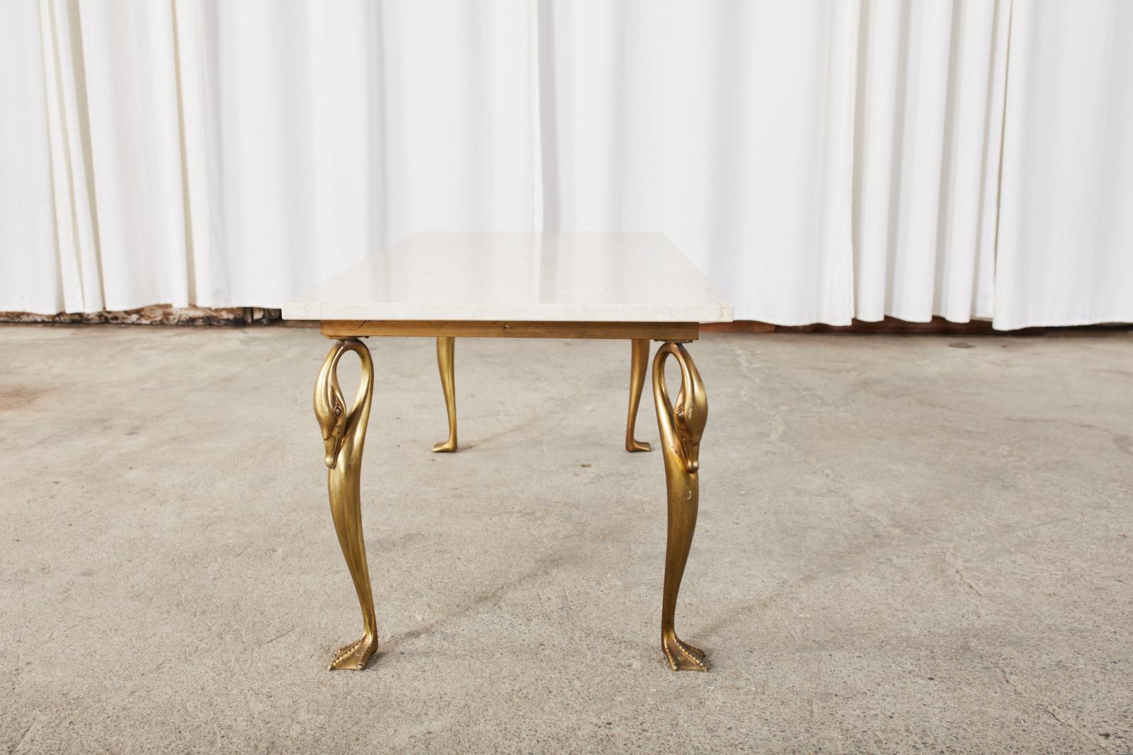 Midcentury French Brass Swan Marble Top Cocktail Table 1