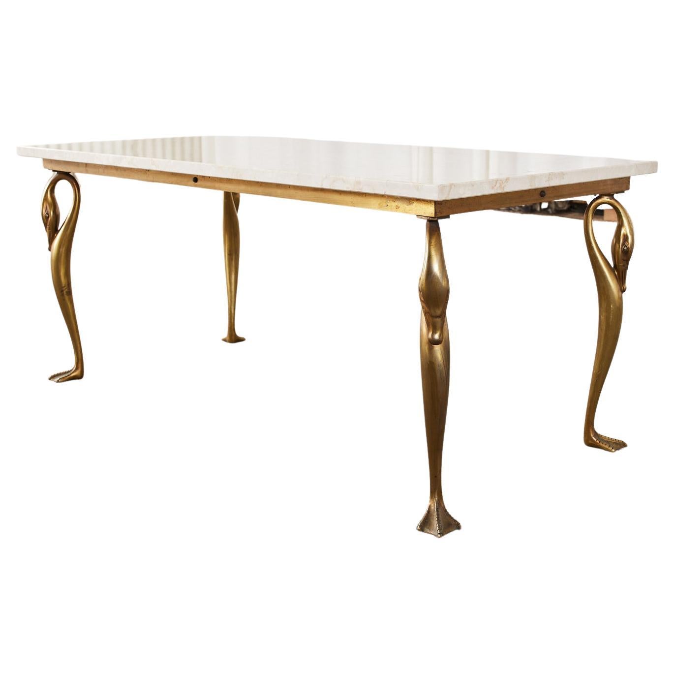 Midcentury French Brass Swan Marble Top Cocktail Table
