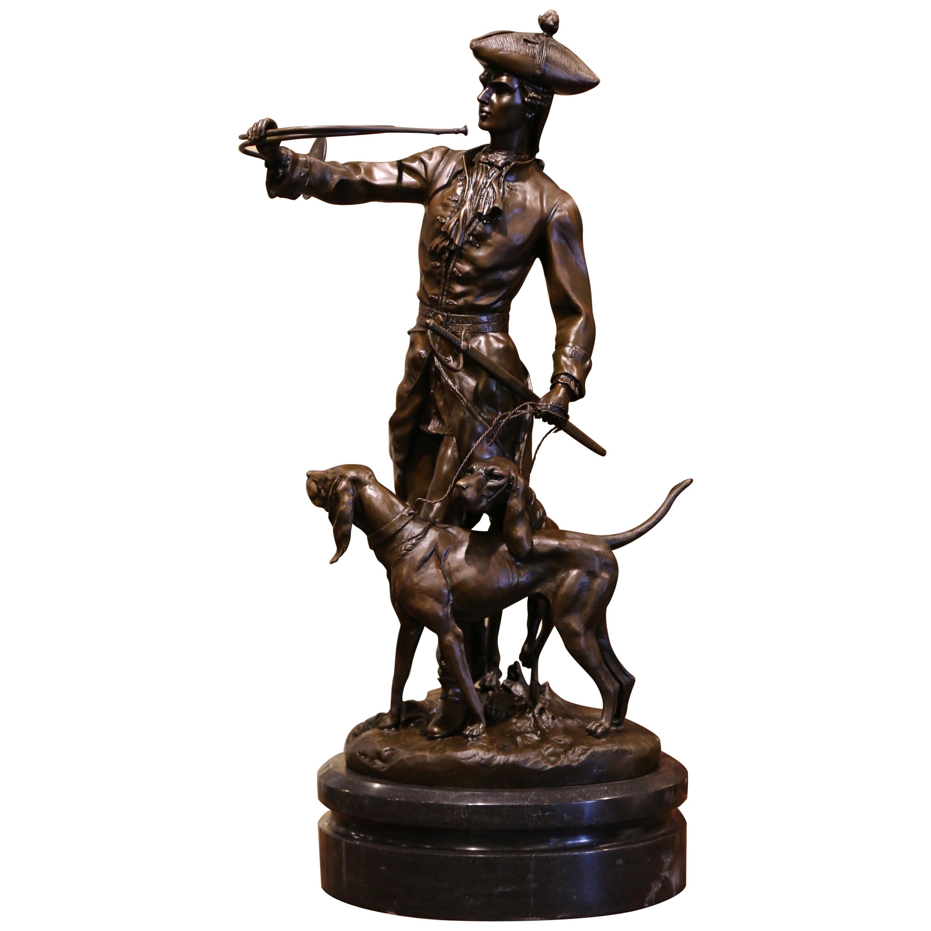 Midcentury French Bronze and Marble Hunt Sculpture Composition Signed Moreau