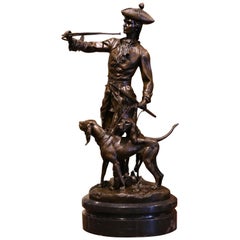 Retro Midcentury French Bronze and Marble Hunt Sculpture Composition Signed Moreau
