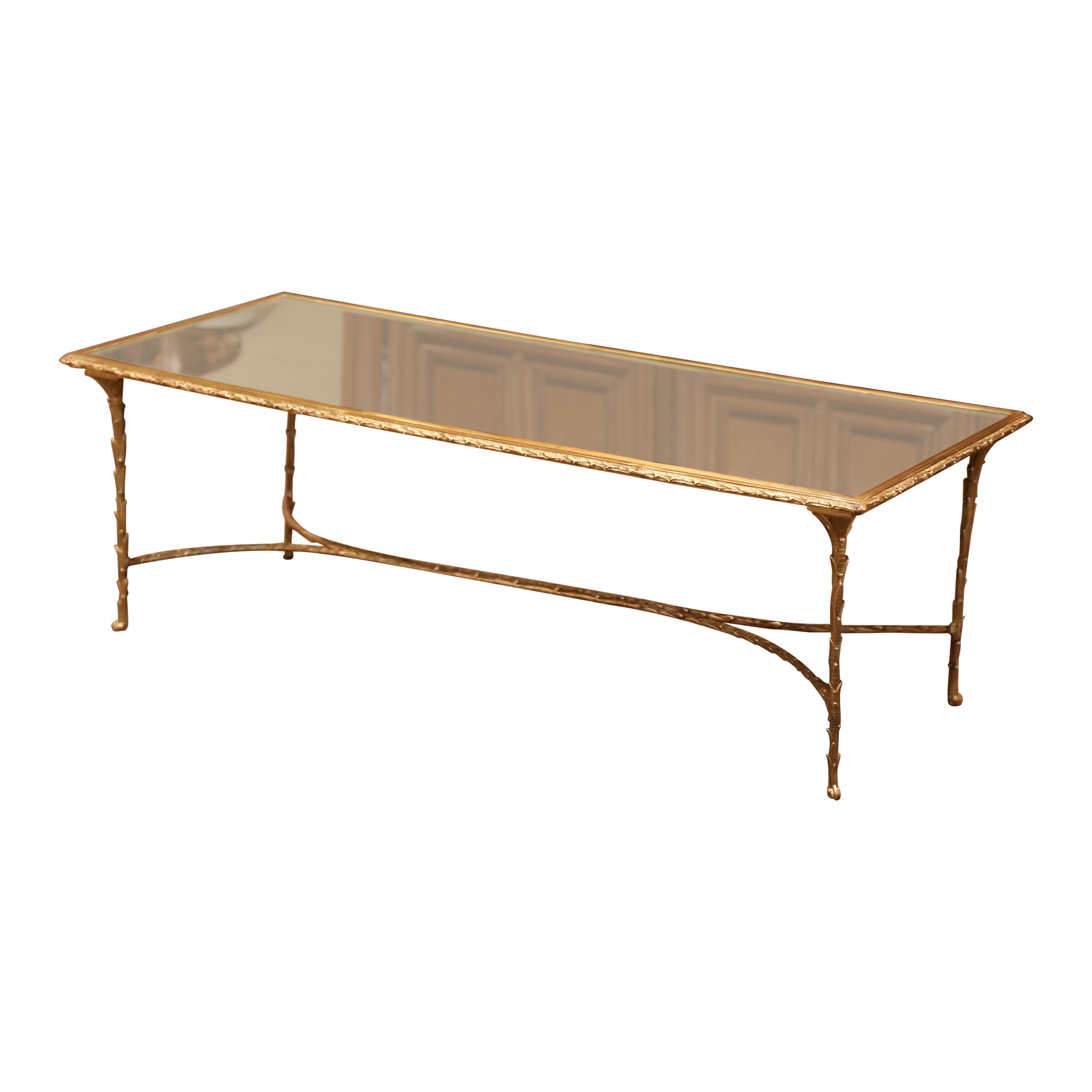 Midcentury French Bronze Dore and Mirrored Coffee Table from Maison Baguès
