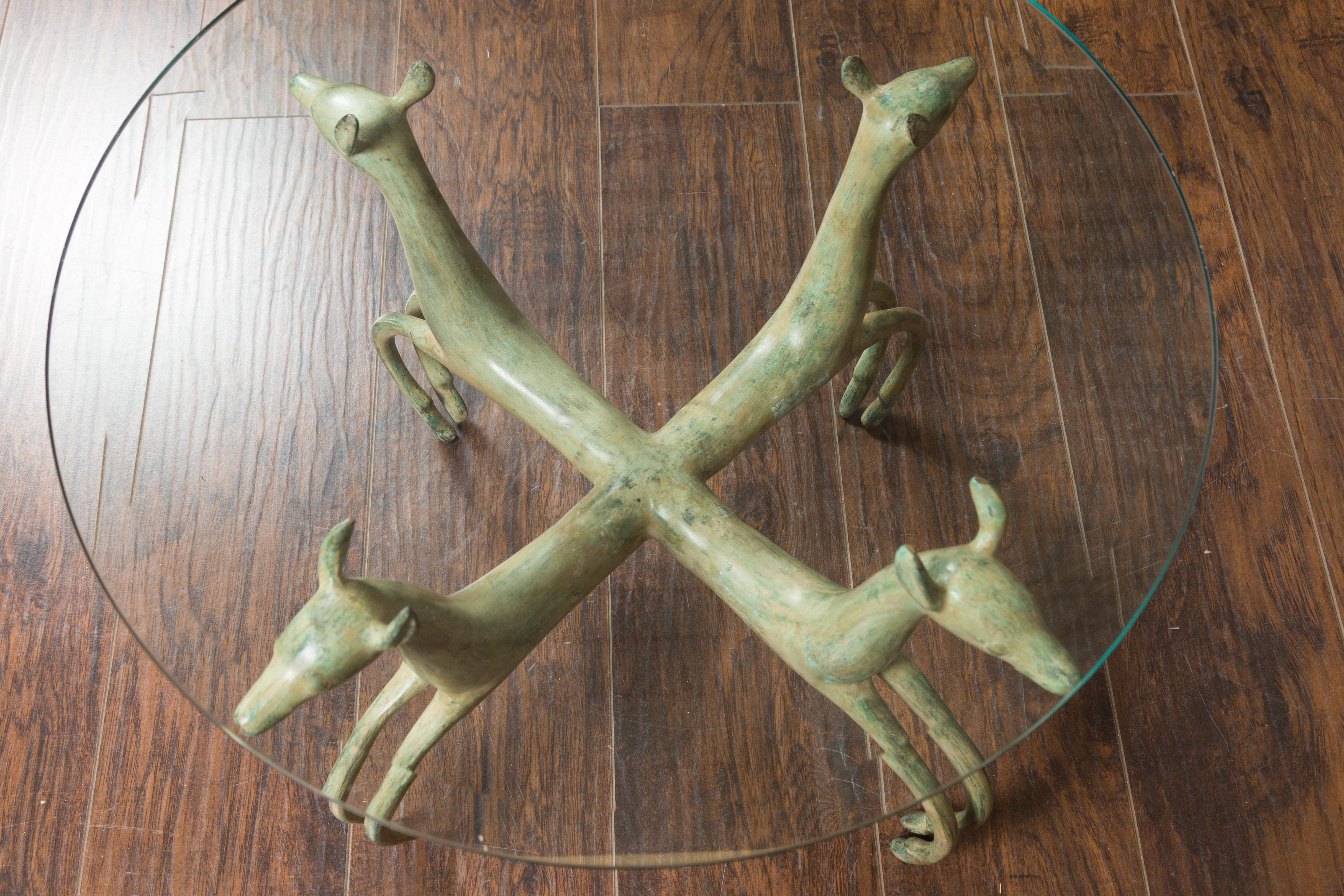 Midcentury French Bronze Low Side Table with Deer Motifs and Two Glass Tops 3