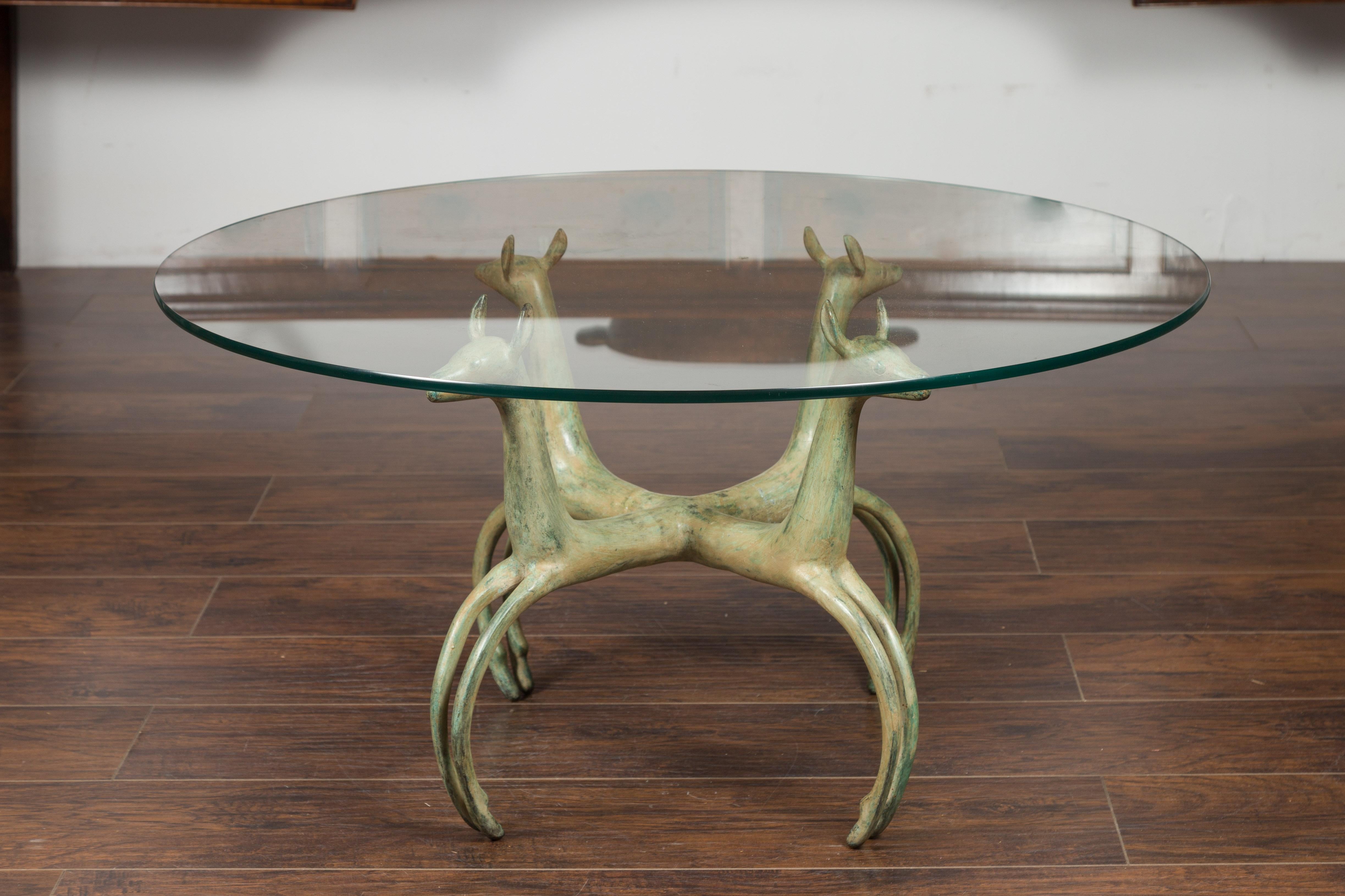 Midcentury French Bronze Low Side Table with Deer Motifs and Two Glass Tops 4