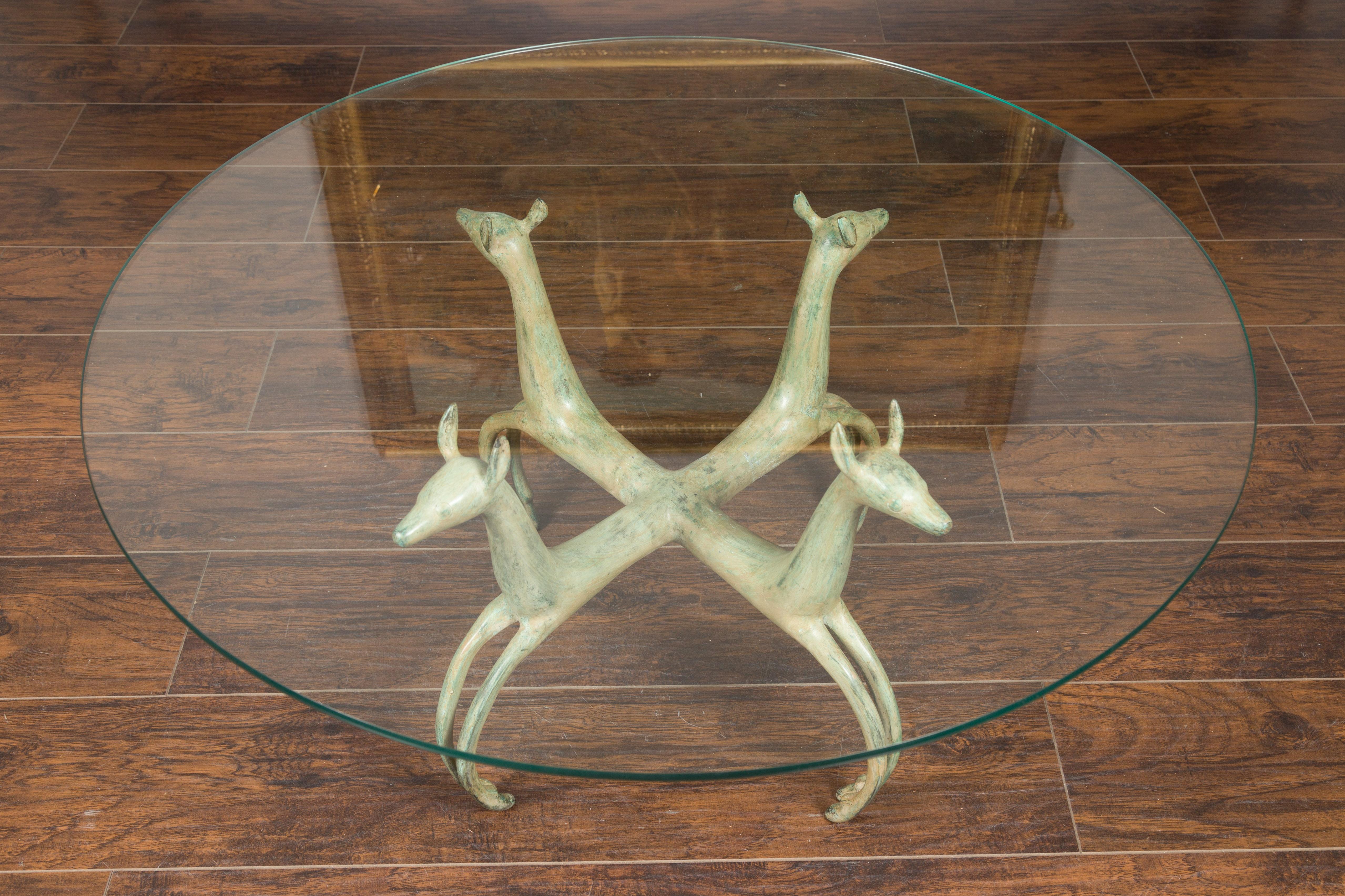 Midcentury French Bronze Low Side Table with Deer Motifs and Two Glass Tops 5