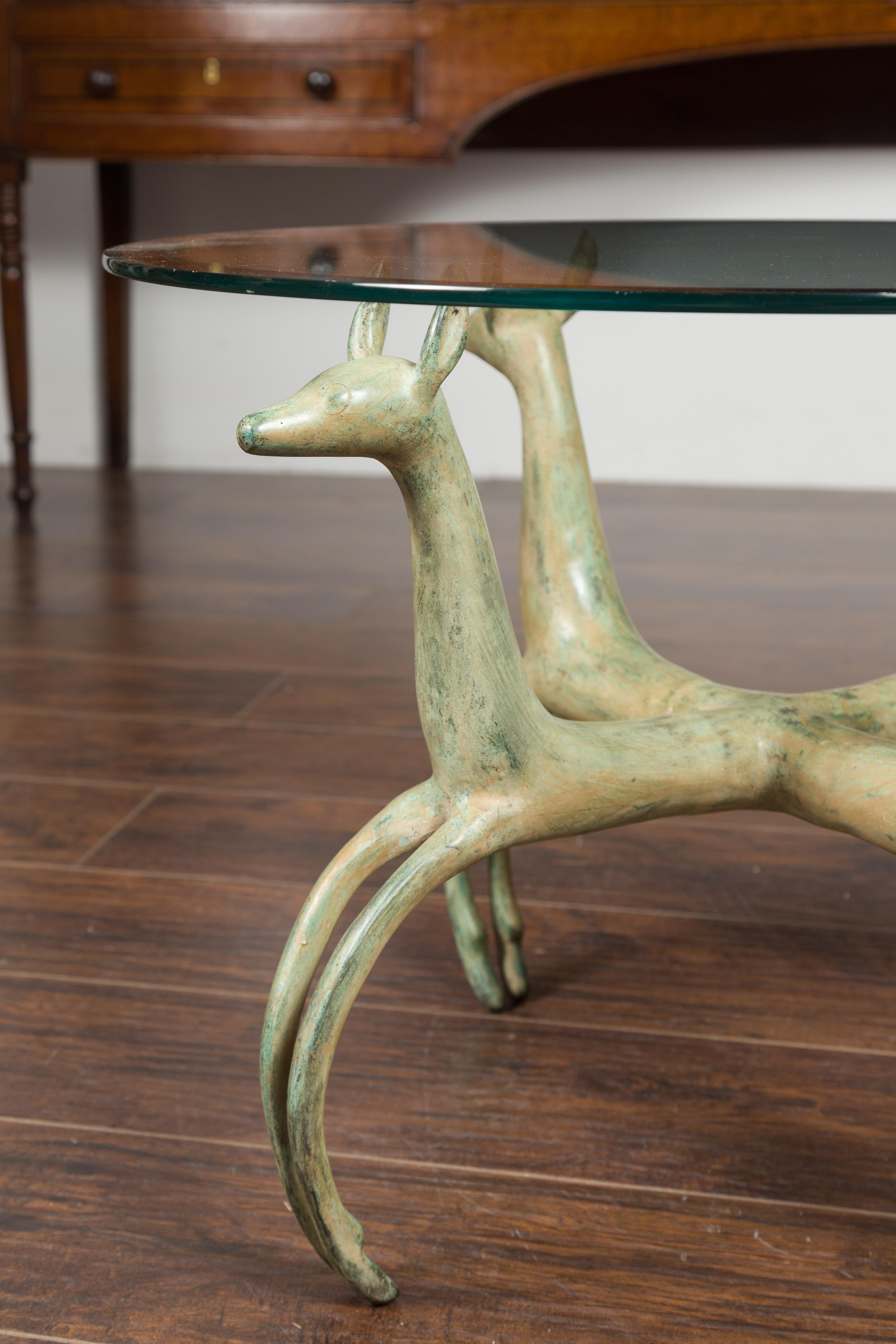Midcentury French Bronze Low Side Table with Deer Motifs and Two Glass Tops In Good Condition In Atlanta, GA