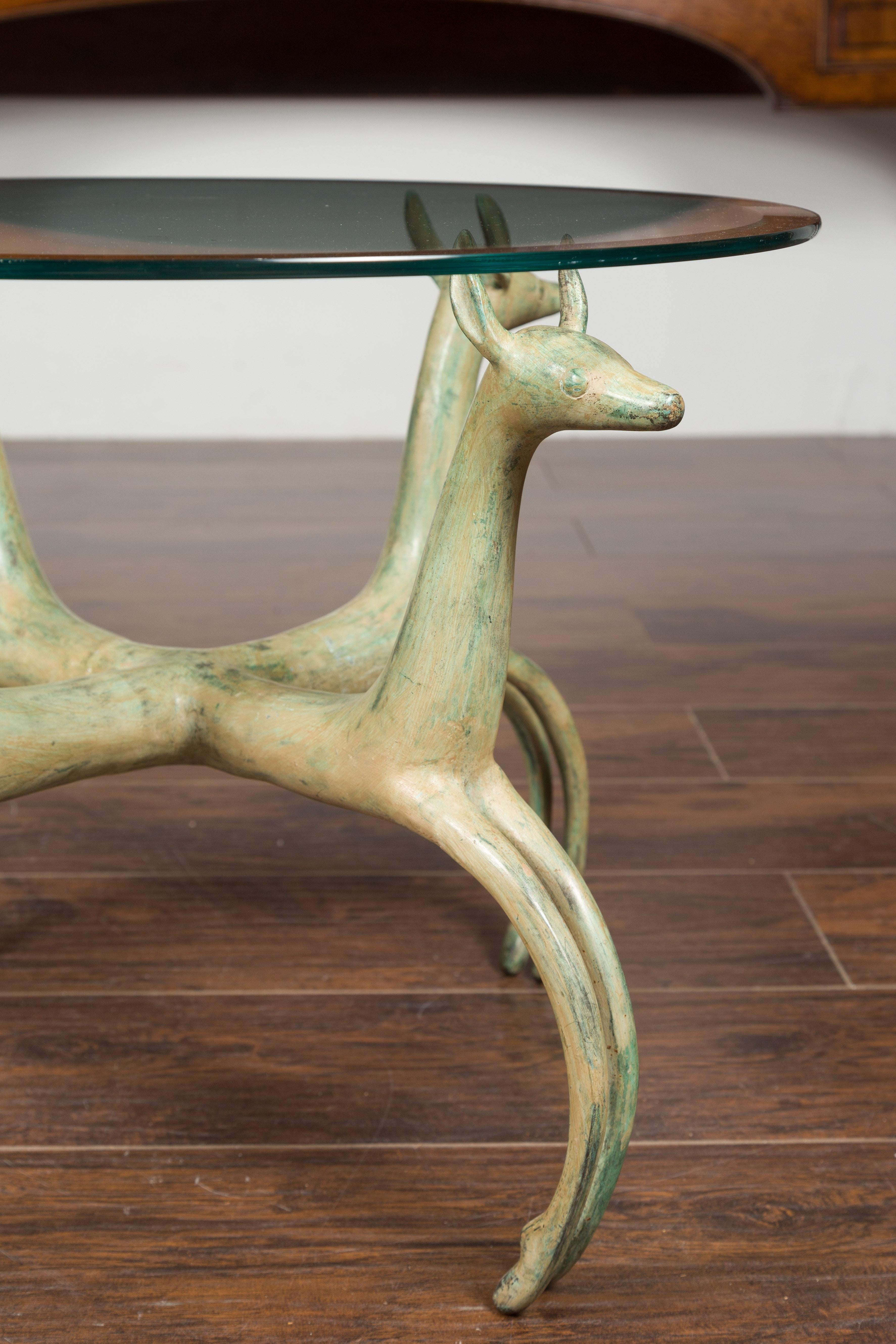 20th Century Midcentury French Bronze Low Side Table with Deer Motifs and Two Glass Tops