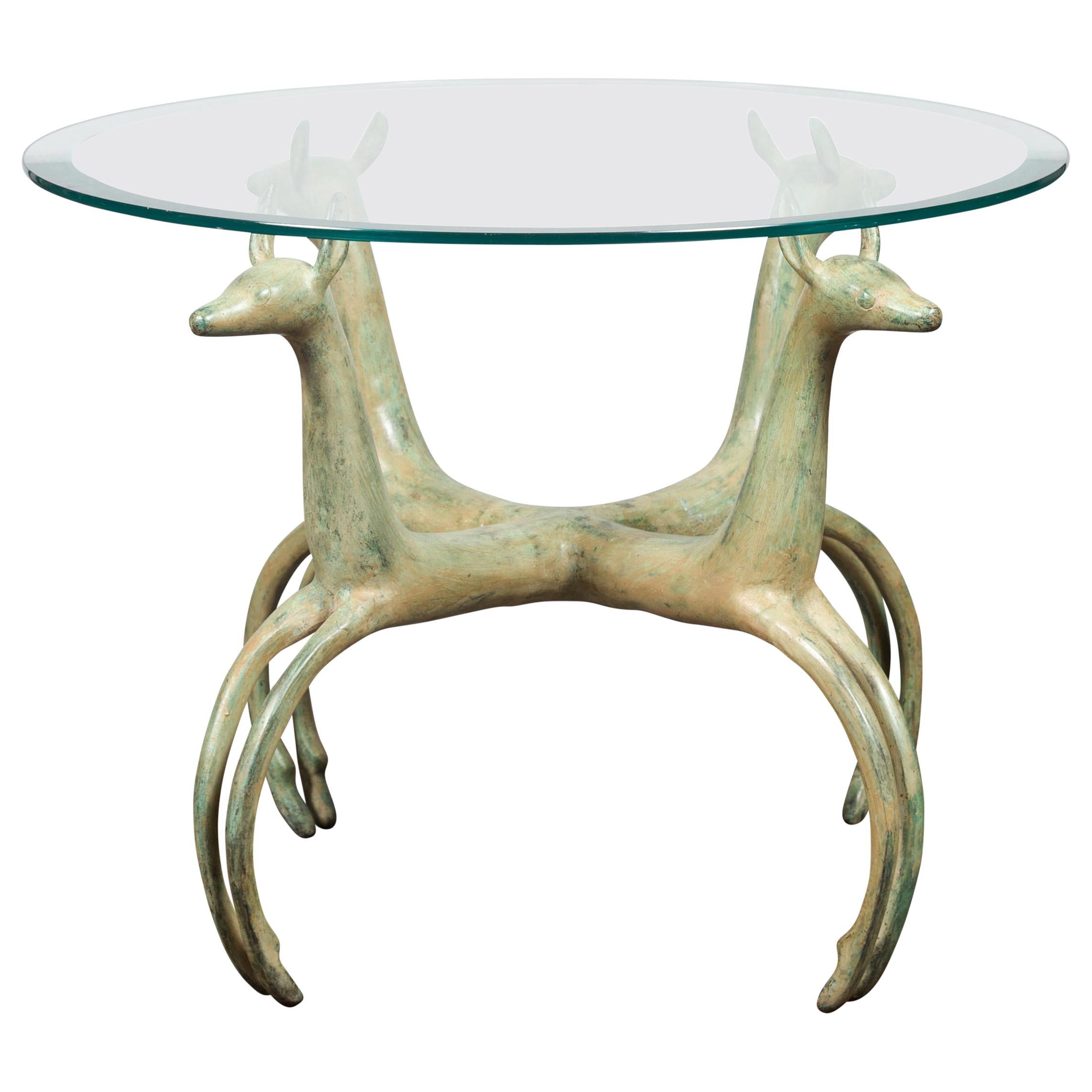 Midcentury French Bronze Low Side Table with Deer Motifs and Two Glass Tops