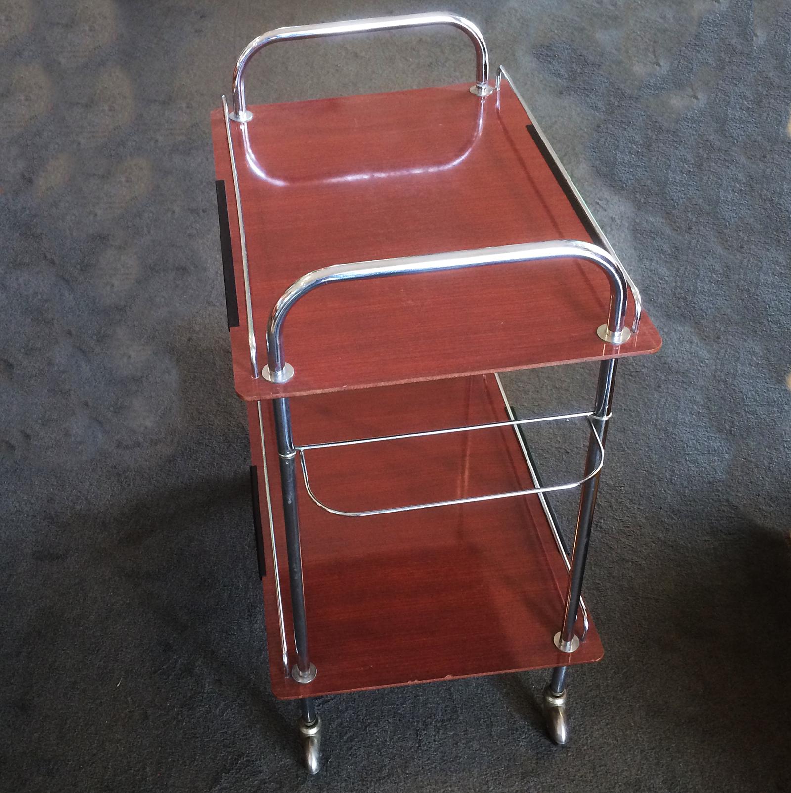 Mid-Century Modern Midcentury French Brown Rolling Bar Cart Trolley For Sale