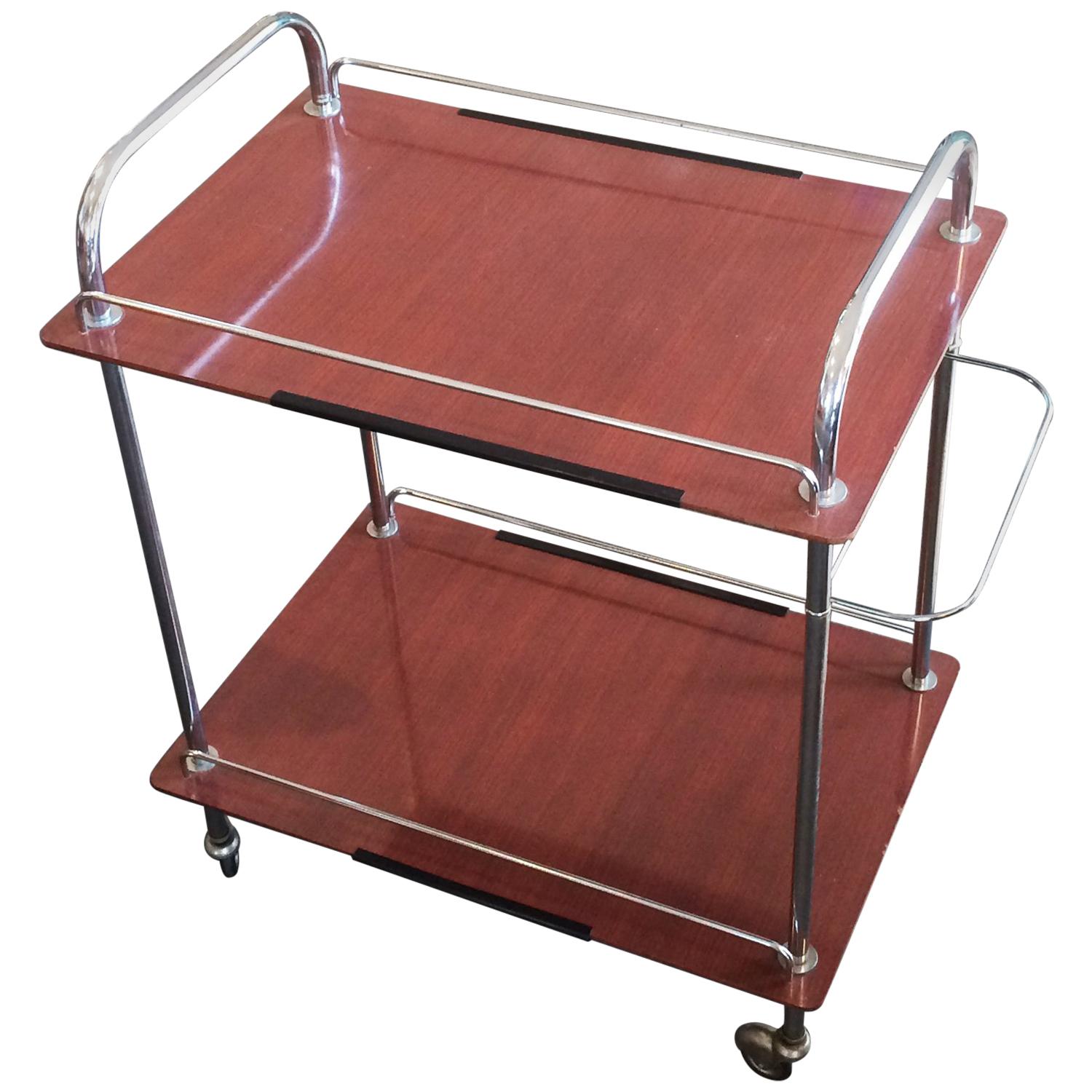 Midcentury French Brown Rolling Bar Cart Trolley For Sale