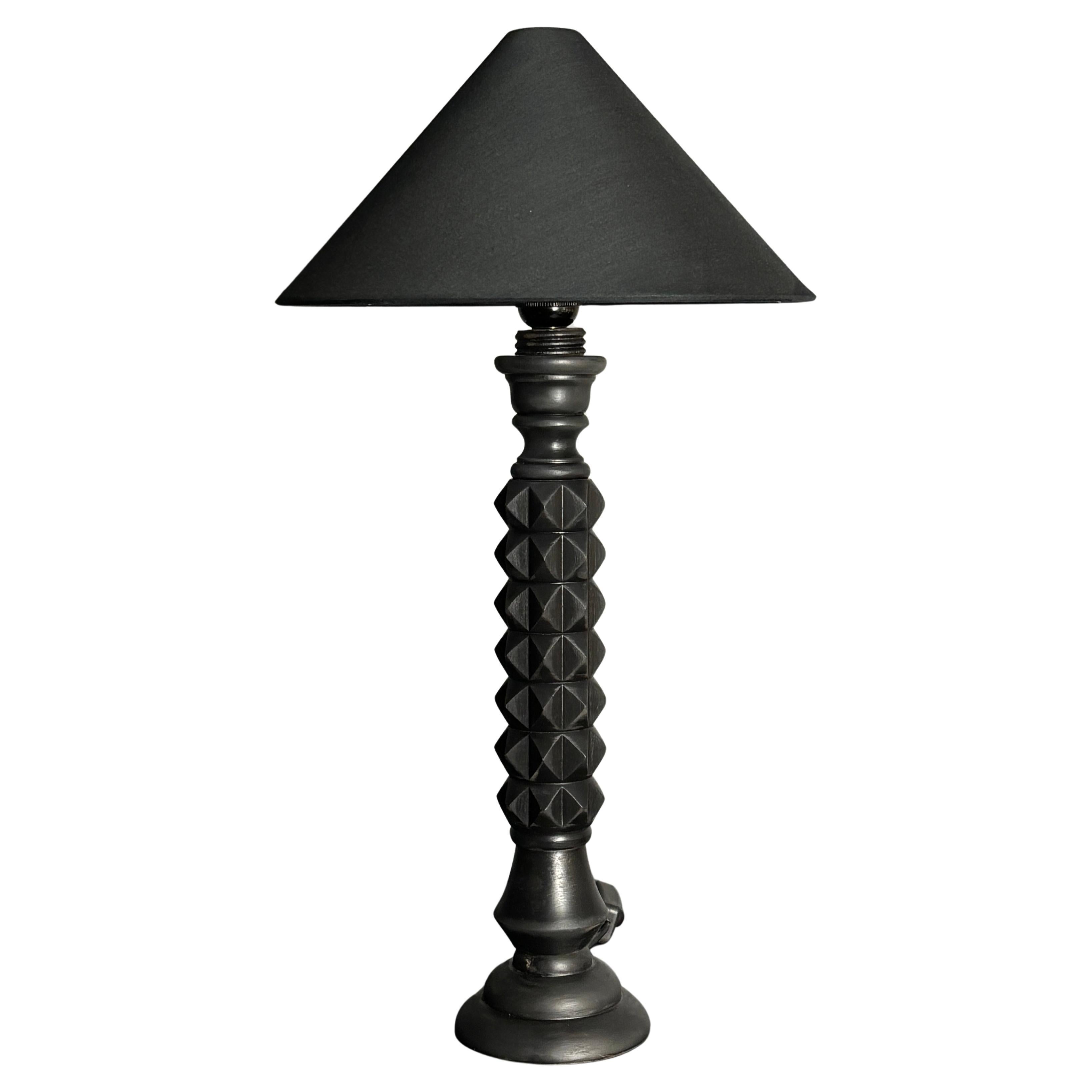 Midcentury French brutalist wood turned ebonized table lamp, 1950s