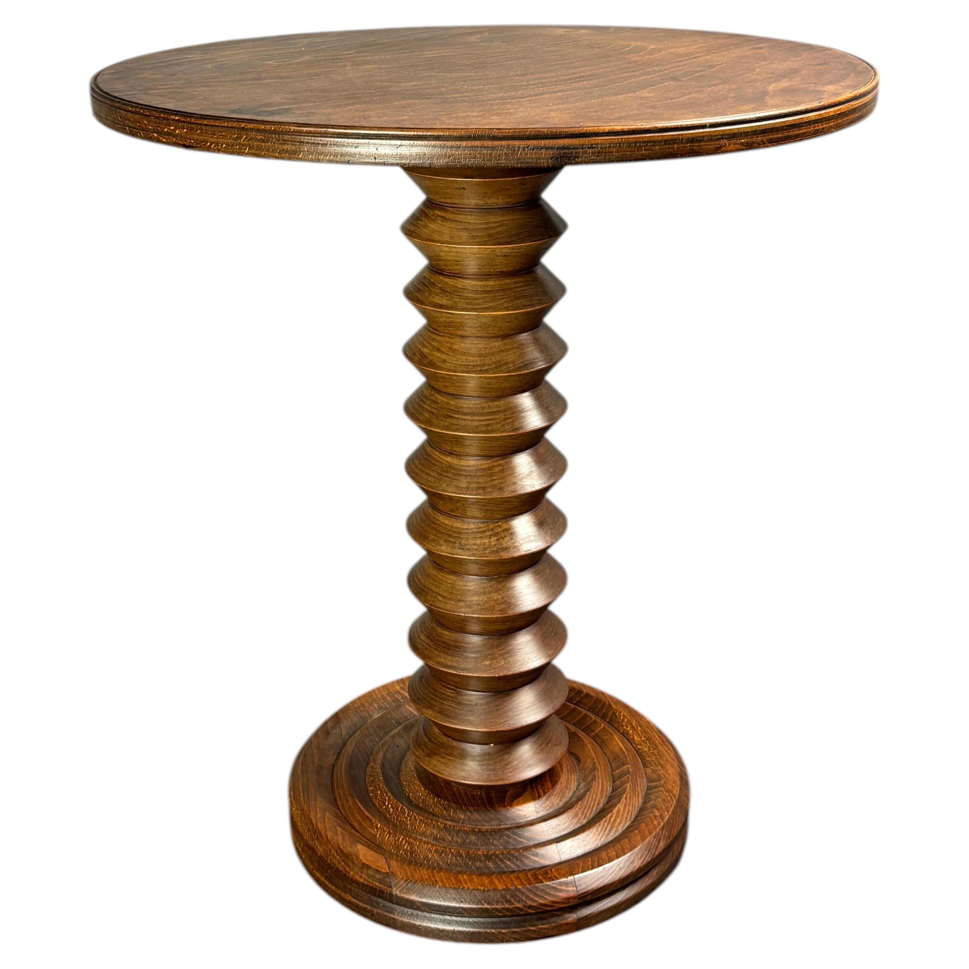 Midcentury French brutalist wood turned side table, Charles Dudouyt style, 1950s