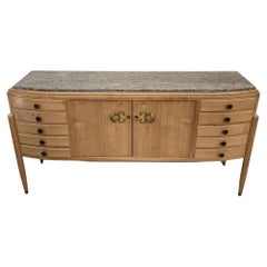 Midcentury French Buffet, signed R. Breasy, cherry wood and breche marble