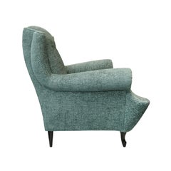Midcentury French Button Back Lounge Chair with Rolled Arms in Mint Chenille