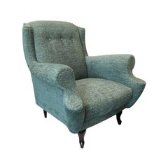 Midcentury French Button Back Lounge Chair with Rolled Arms in Mint Chenille