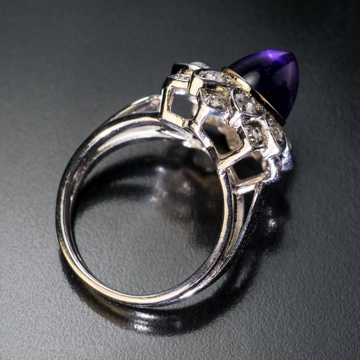 Midcentury French Cabochon Amethyst Diamond Platinum Ring In Excellent Condition In Chicago, IL