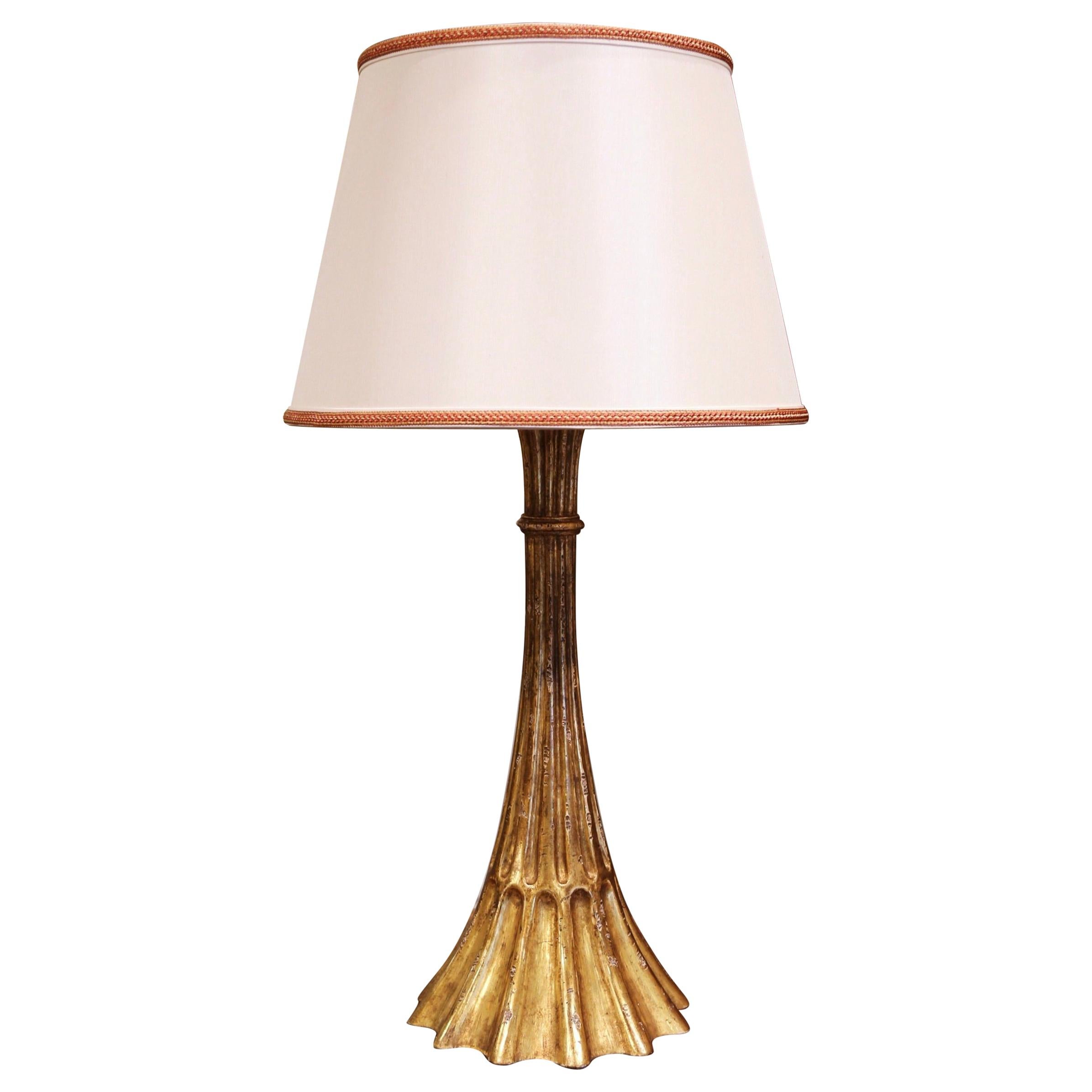 Mid-Century French Carved Giltwood Table Lamp with Custom Shade For Sale