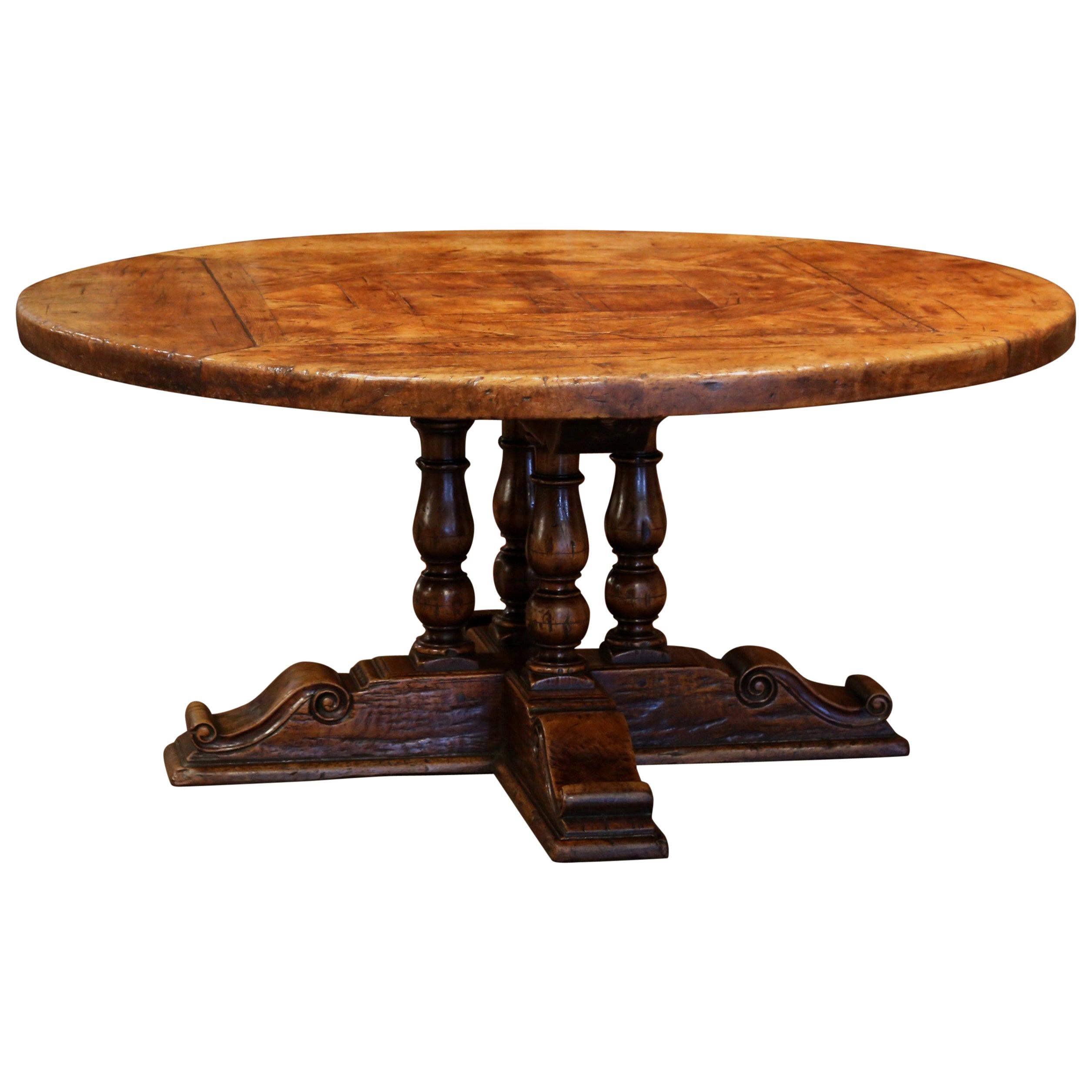 Midcentury French Carved Walnut Pedestal Round Dining Table with Parquetry Top