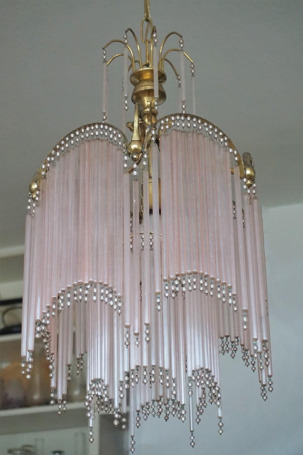 20th Century Midcentury French Cascading Glass Rod and Brass Chandelier