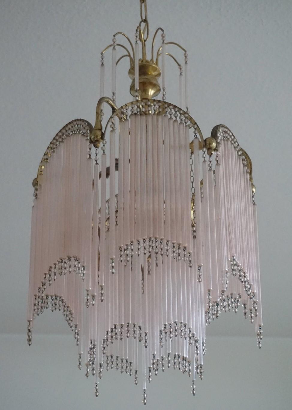 Midcentury French Cascading Glass Rod and Brass Chandelier 1