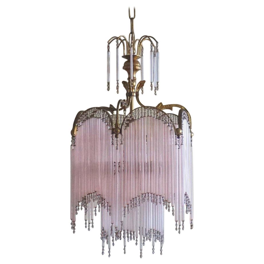 Midcentury French Cascading Glass Rod and Brass Chandelier