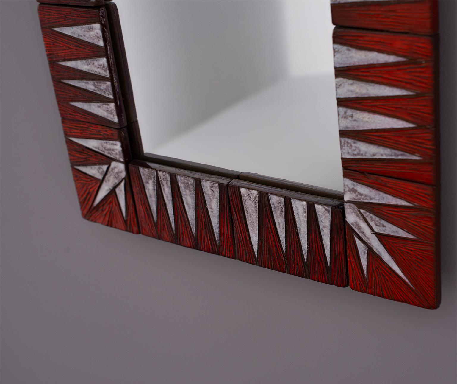 Glazed Midcentury French Ceramic Red and White Tile Framed Mirror