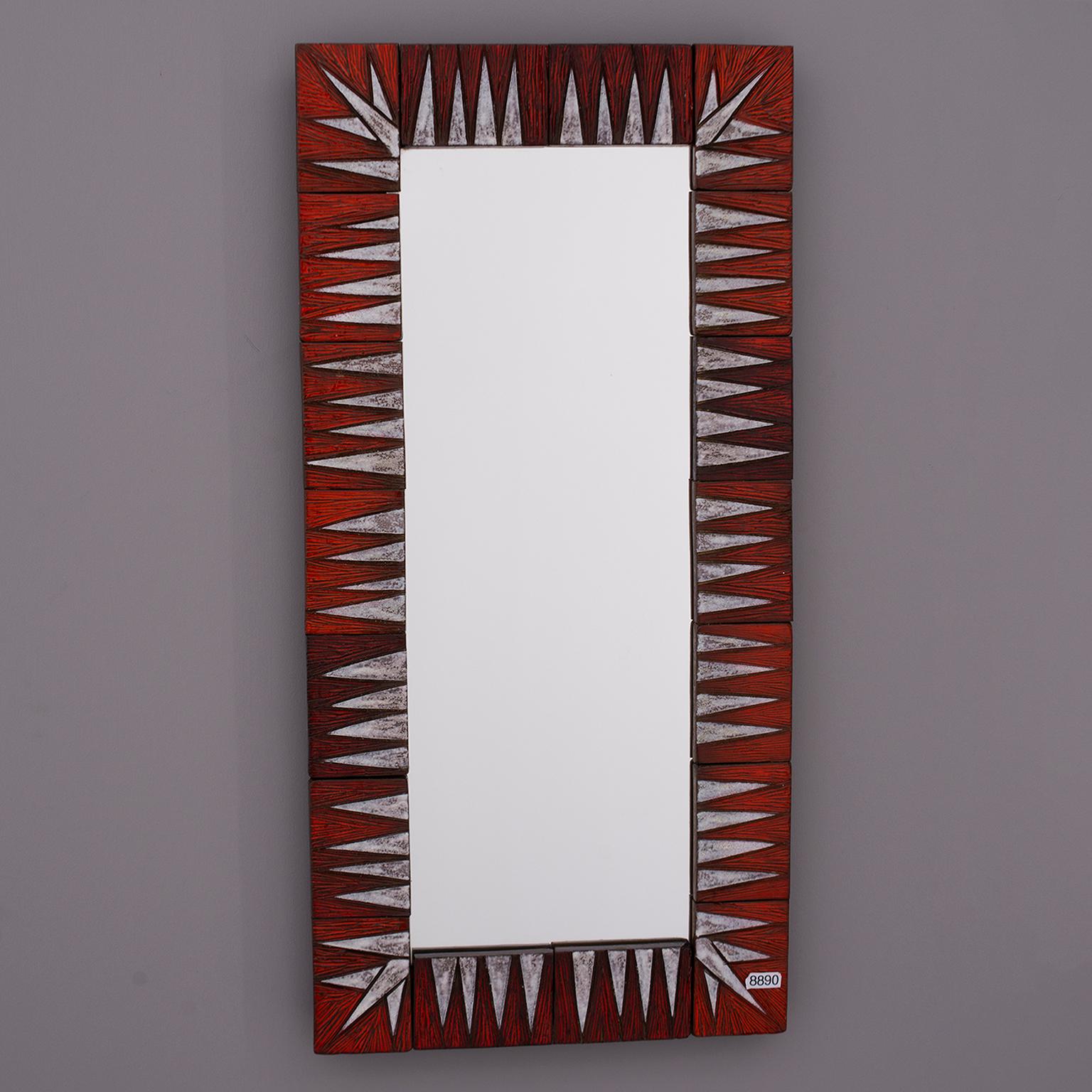 Midcentury French Ceramic Red and White Tile Framed Mirror In Excellent Condition In Troy, MI
