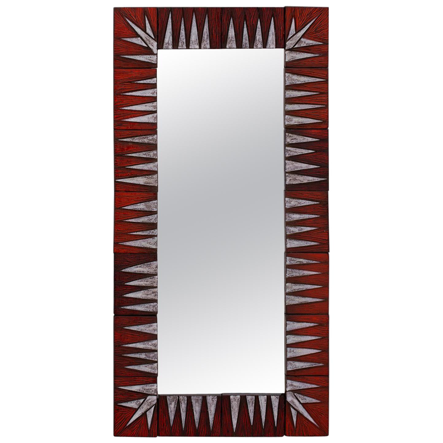 Midcentury French Ceramic Red and White Tile Framed Mirror