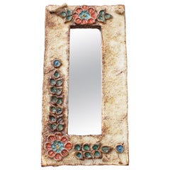 Midcentury French Ceramic Wall Mirror with Flower Motif by La Roue, circa 1960s