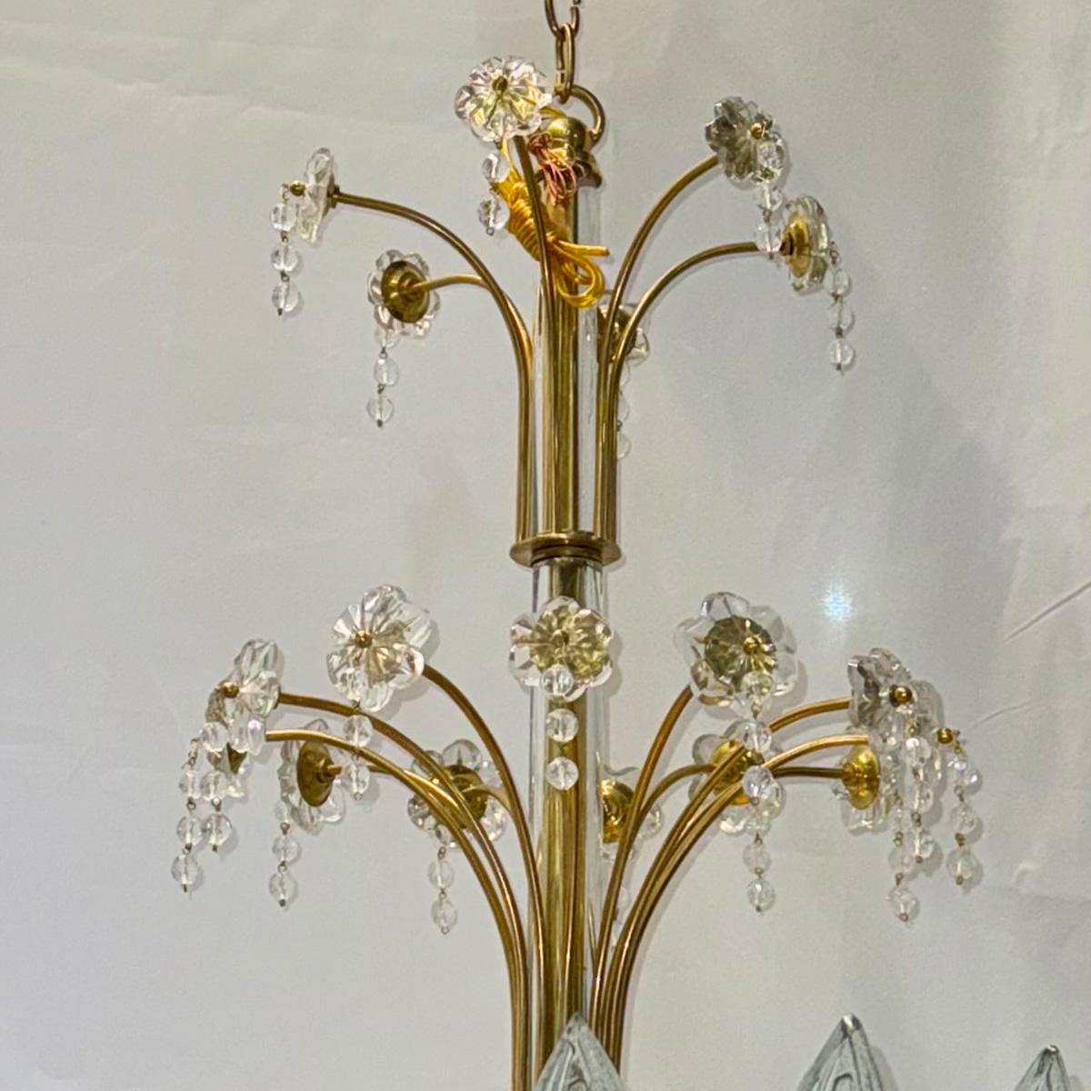 Gilt Midcentury French Chandelier with Molded Glass Leaves For Sale