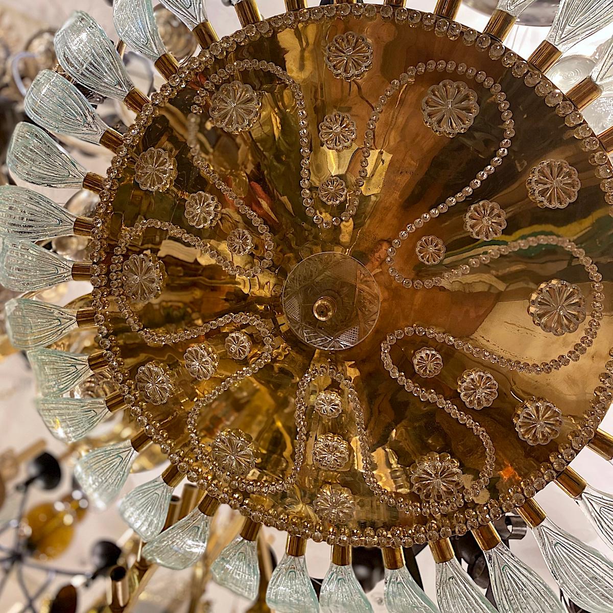 Bronze Midcentury French Chandelier with Molded Glass Leaves For Sale
