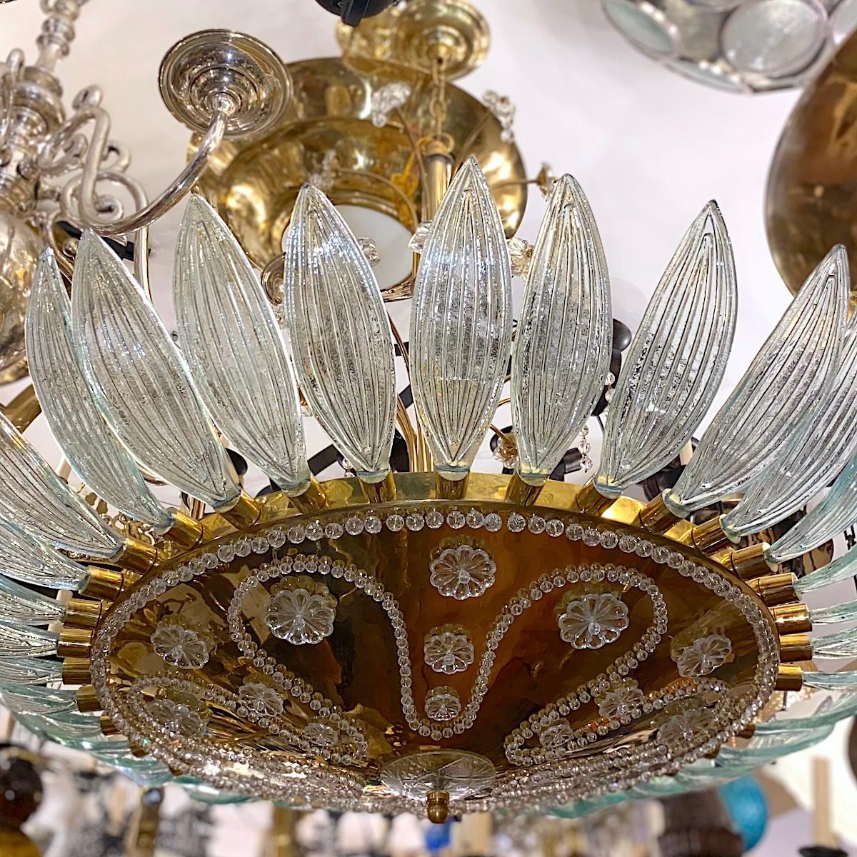 Midcentury French Chandelier with Molded Glass Leaves For Sale 1