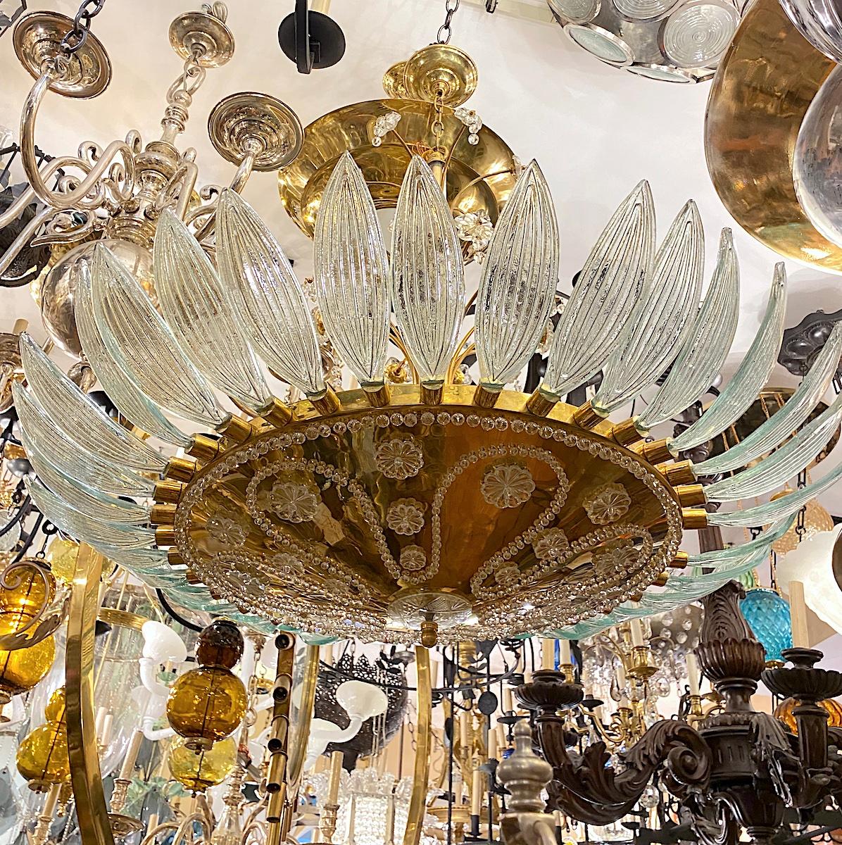 Midcentury French Chandelier with Molded Glass Leaves For Sale 2