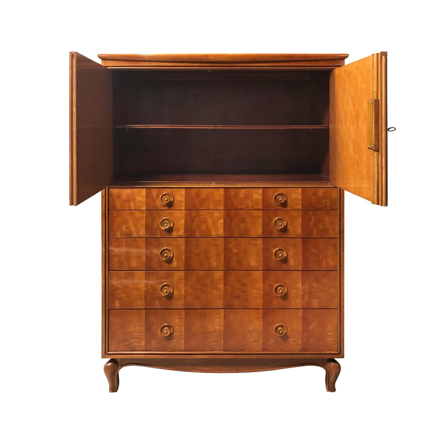 Midcentury chest of drawers with diamond inlay detail and locking shelved cabinet. France, 1950s.