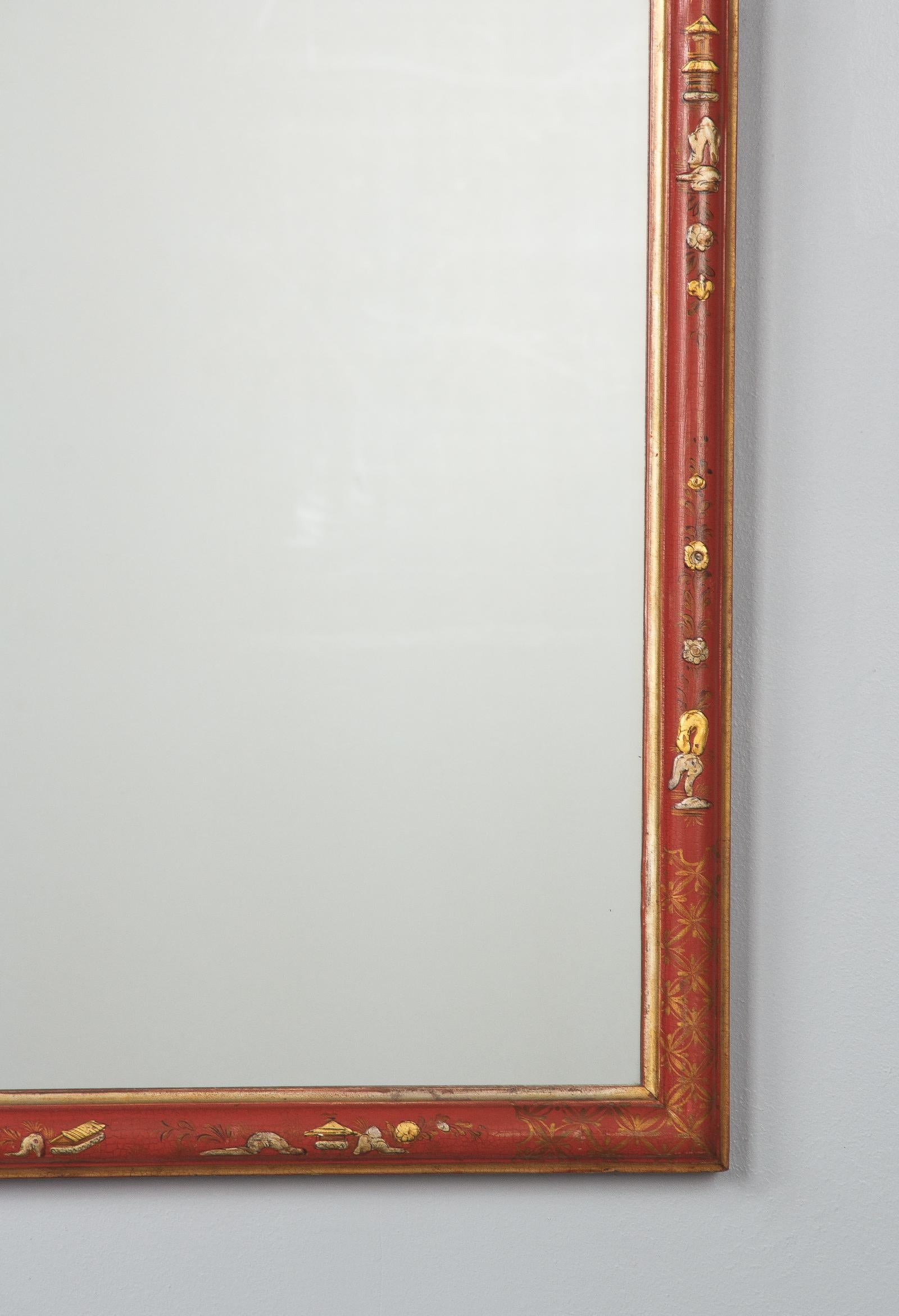 Midcentury French Chinoiserie Red Lacquered Wood Mirror 2