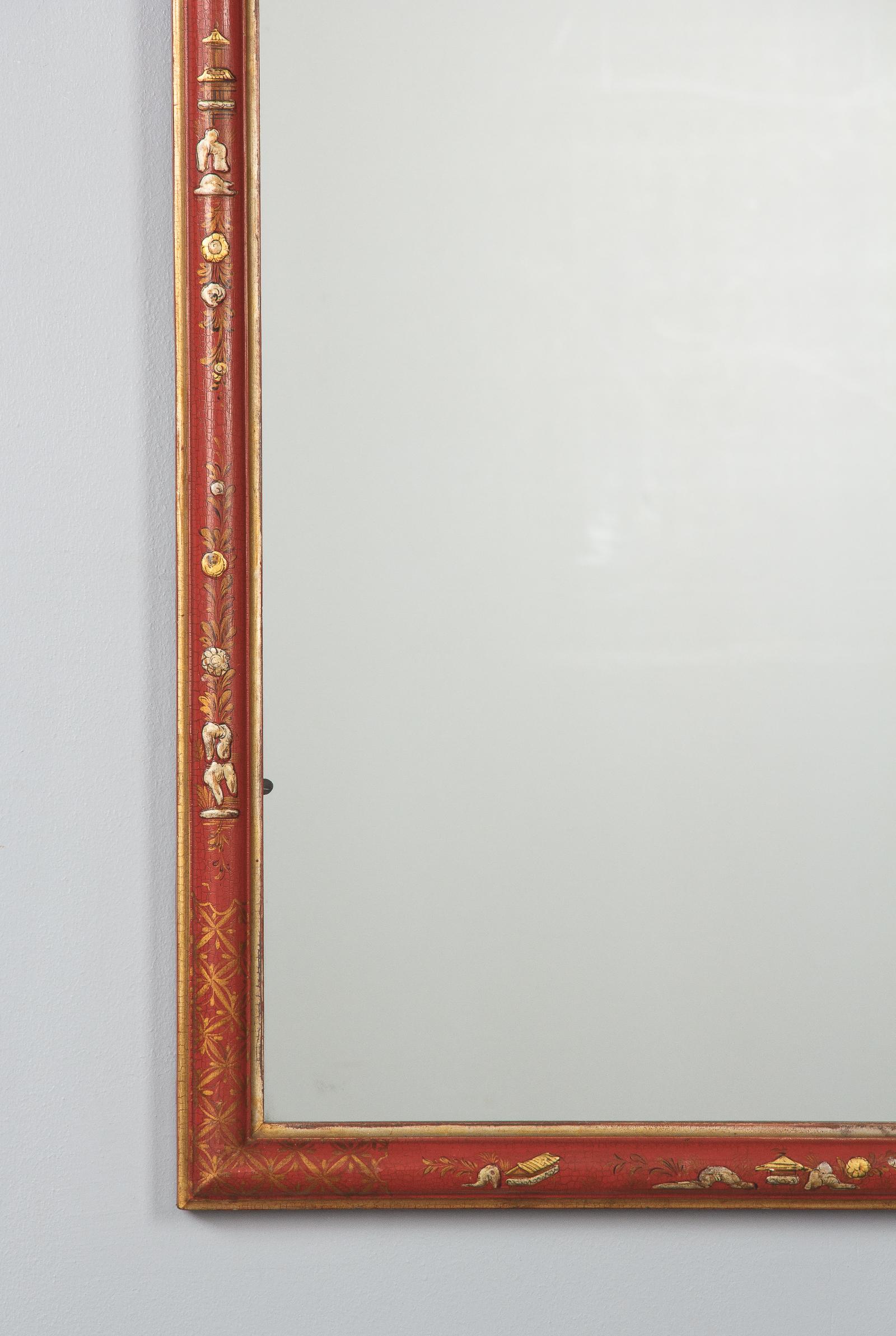Midcentury French Chinoiserie Red Lacquered Wood Mirror 3