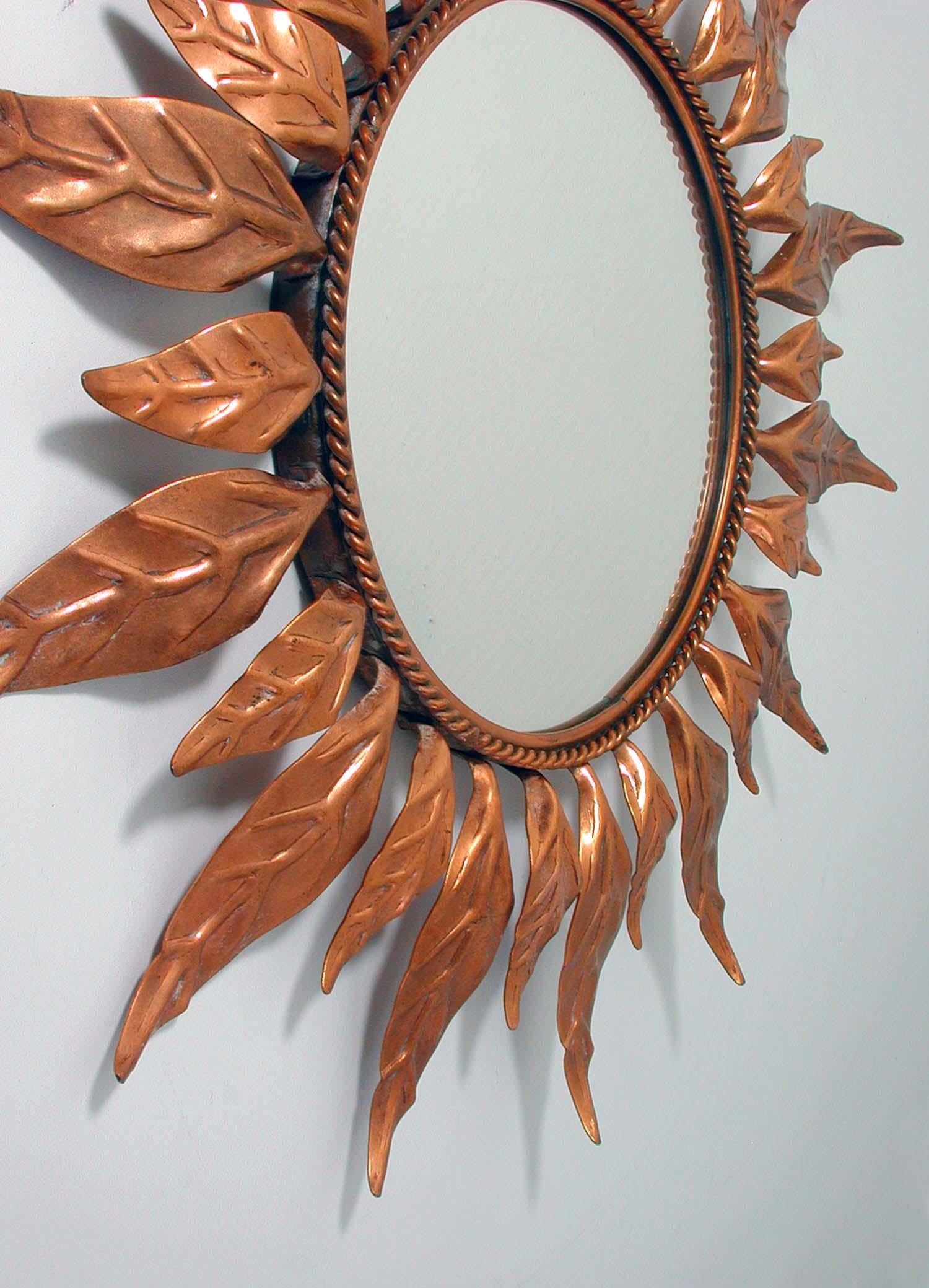 Mid-Century Modern Midcentury French Copper Sunburst Wall Mirror, 1950s