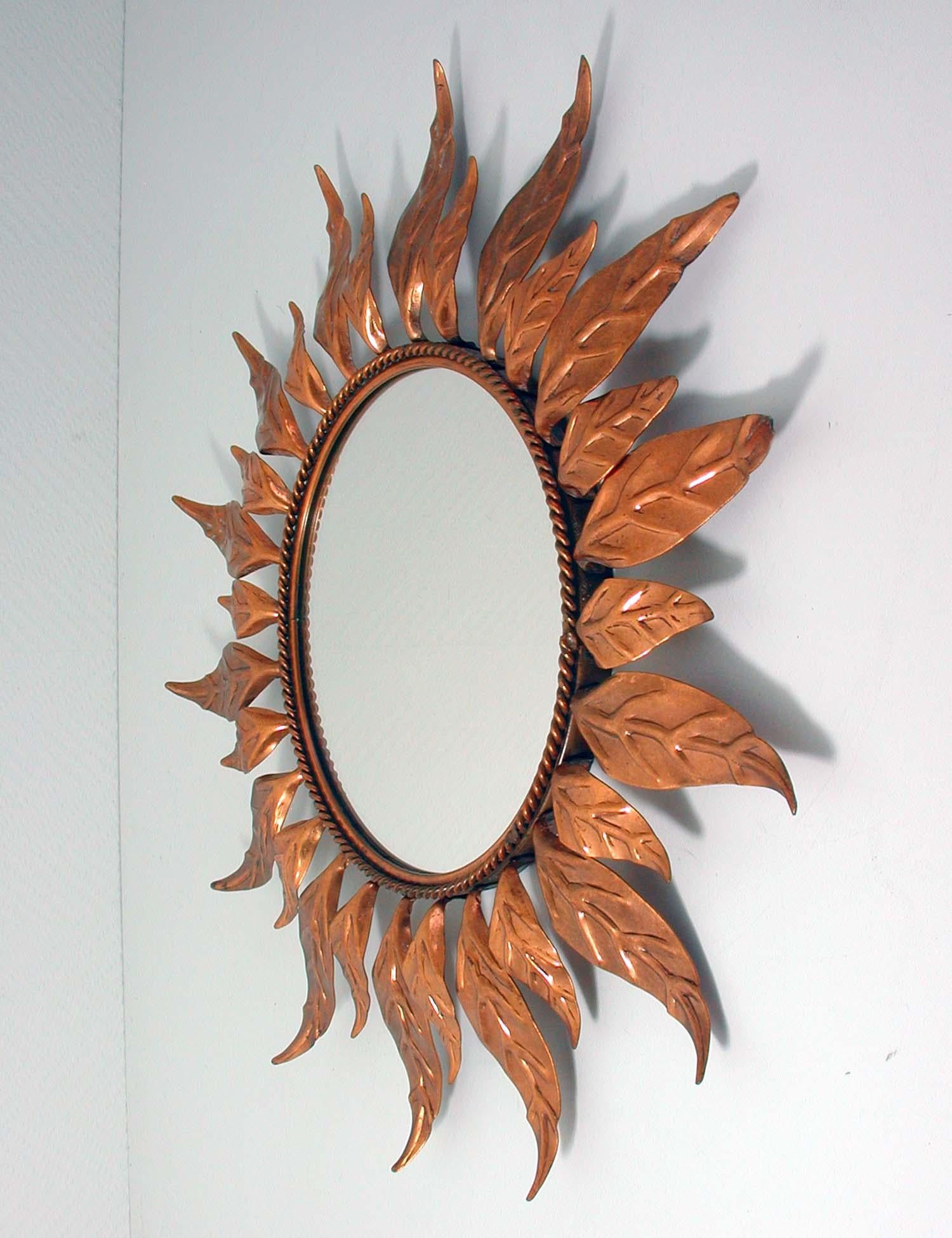 Mid-20th Century Midcentury French Copper Sunburst Wall Mirror, 1950s