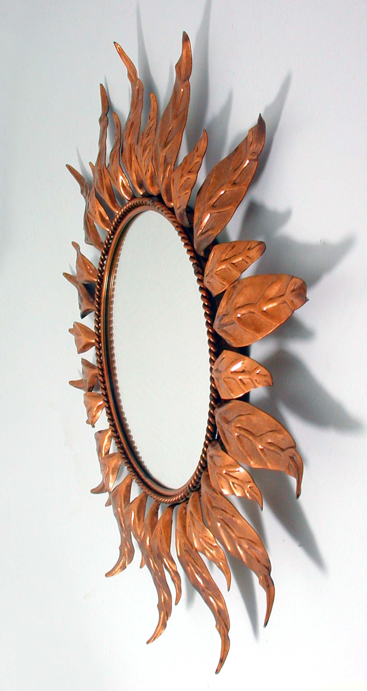 Midcentury French Copper Sunburst Wall Mirror, 1950s 2