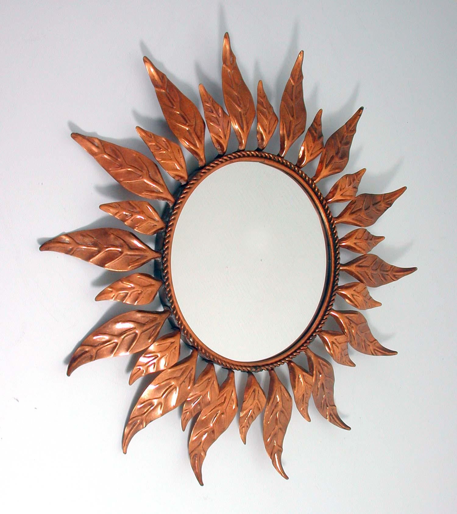Midcentury French Copper Sunburst Wall Mirror, 1950s 3