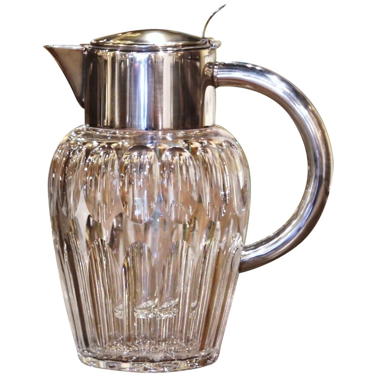Midcentury French Cut-Glass and Silvered Brass Pitcher with Ice Holder Insert
