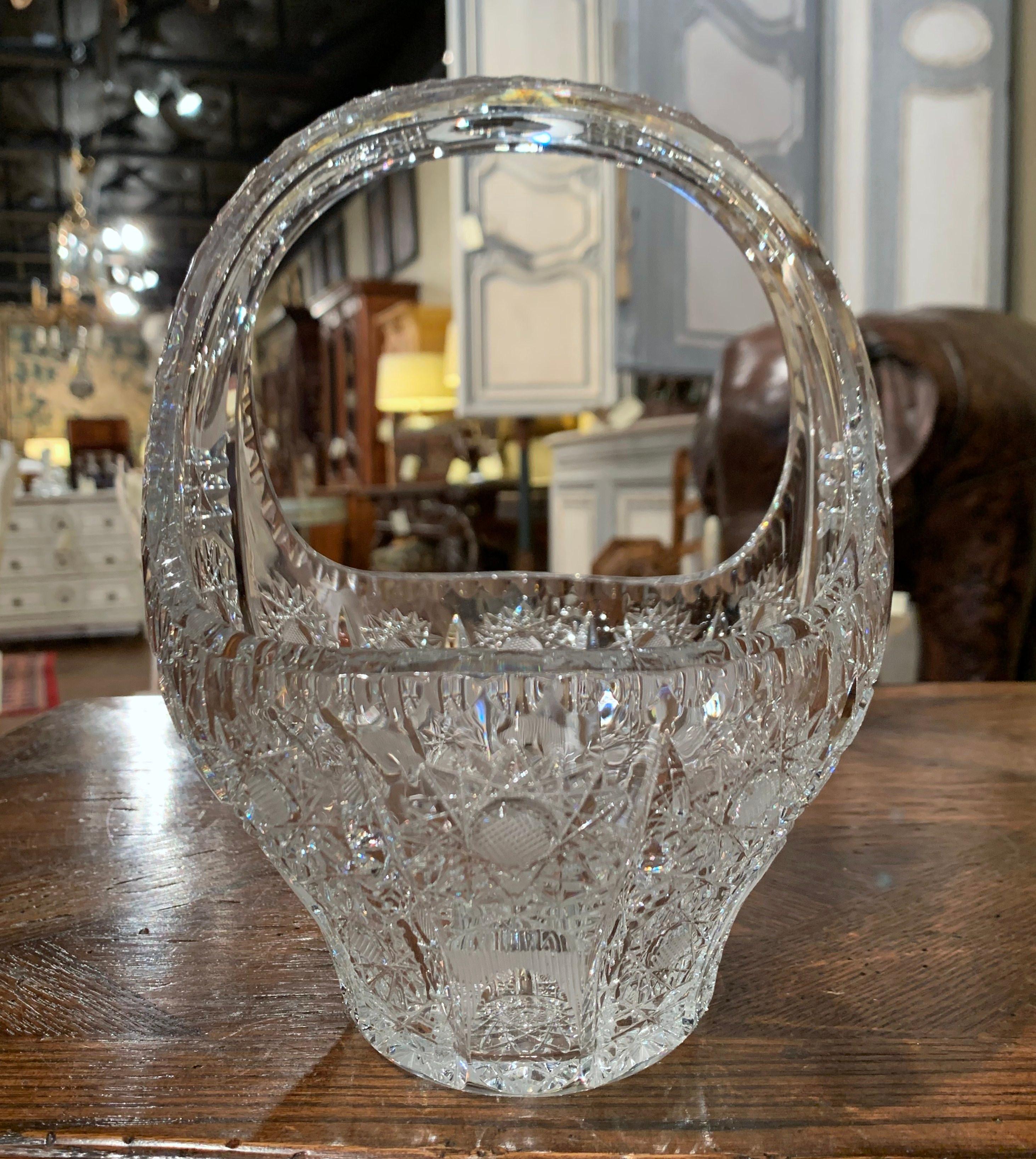 Midcentury French Cut Glass Crystal Candy Basket with Handle In Excellent Condition In Dallas, TX