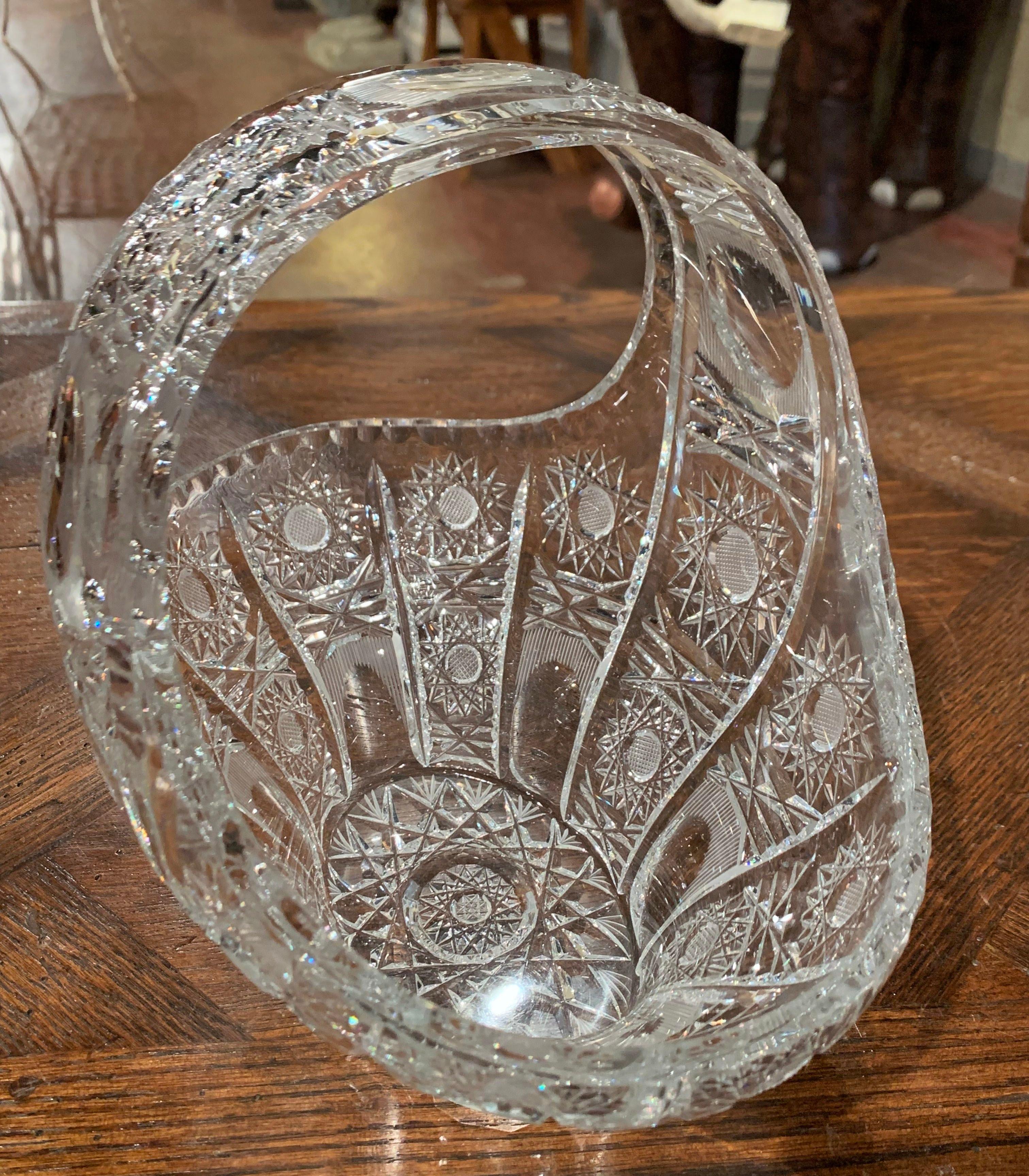 20th Century Midcentury French Cut Glass Crystal Candy Basket with Handle