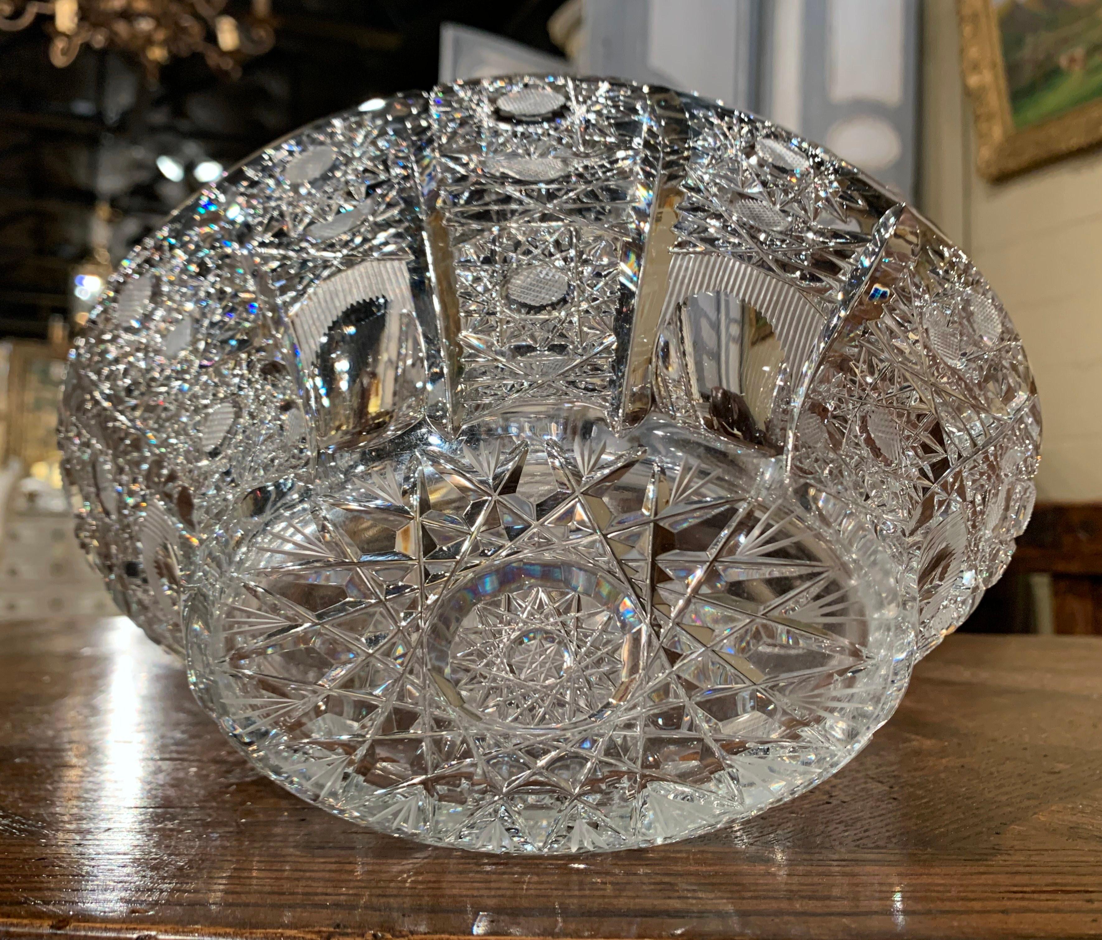 Midcentury French Cut Glass Crystal Candy Basket with Handle 1