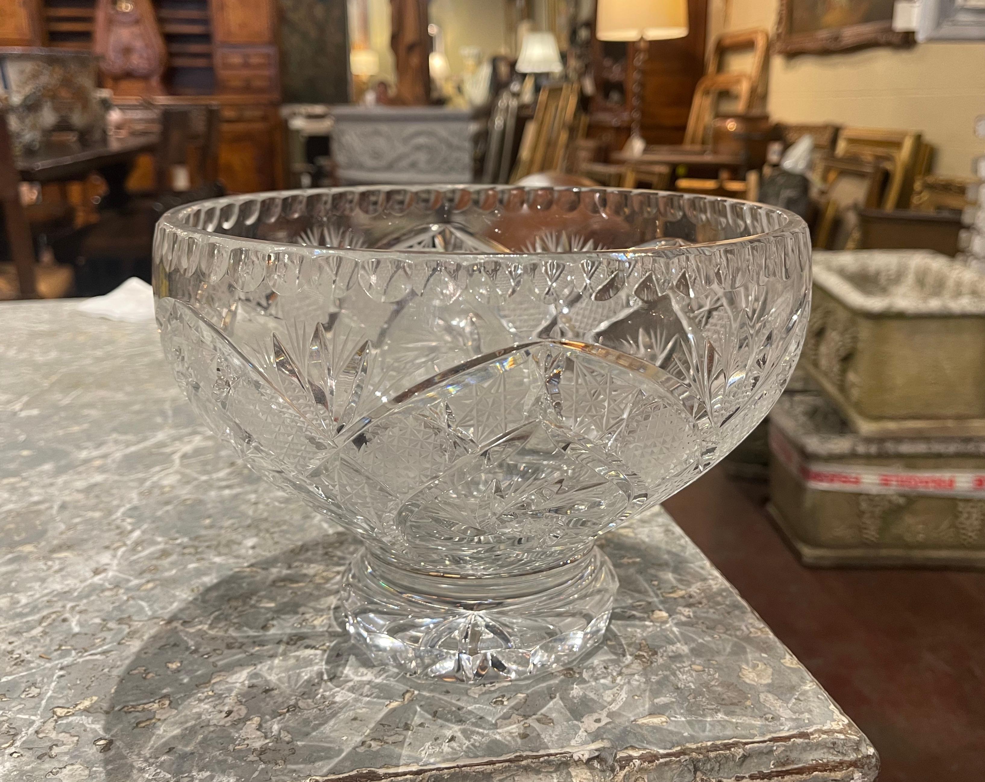 Place this oval bowl on a entry table or console. Crafted in France, circa 1970, the crystal compote centerpiece sits on a circular base, and features cut glass decor throughout. The decorative dish is in excellent condition.
Measures: 
9.5